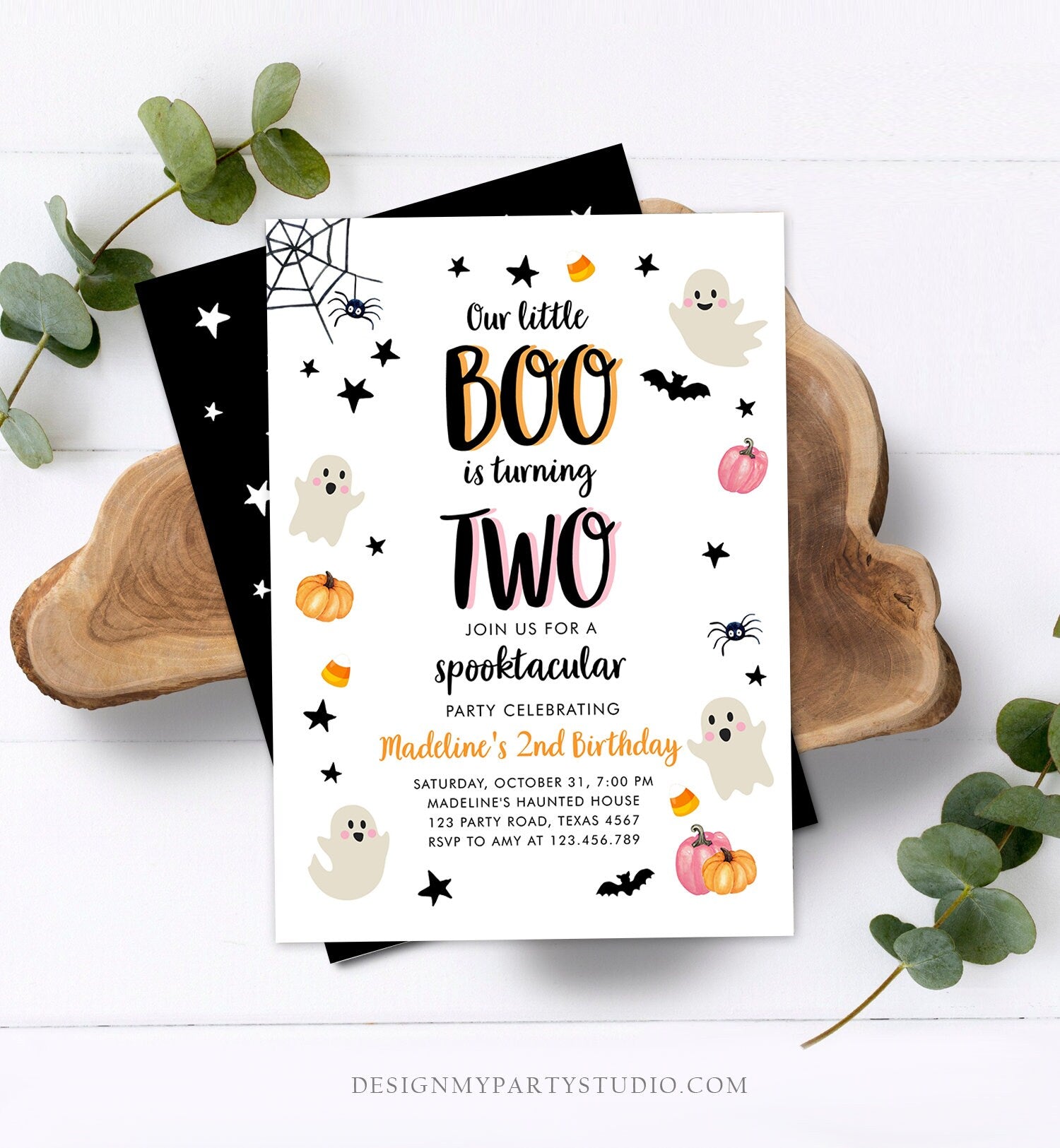 Editable Halloween 2nd Birthday Invitation Pink Ghost Costume Party Girl Pink Boo Spooktacular Spooky Download Printable Template Corjl 0418