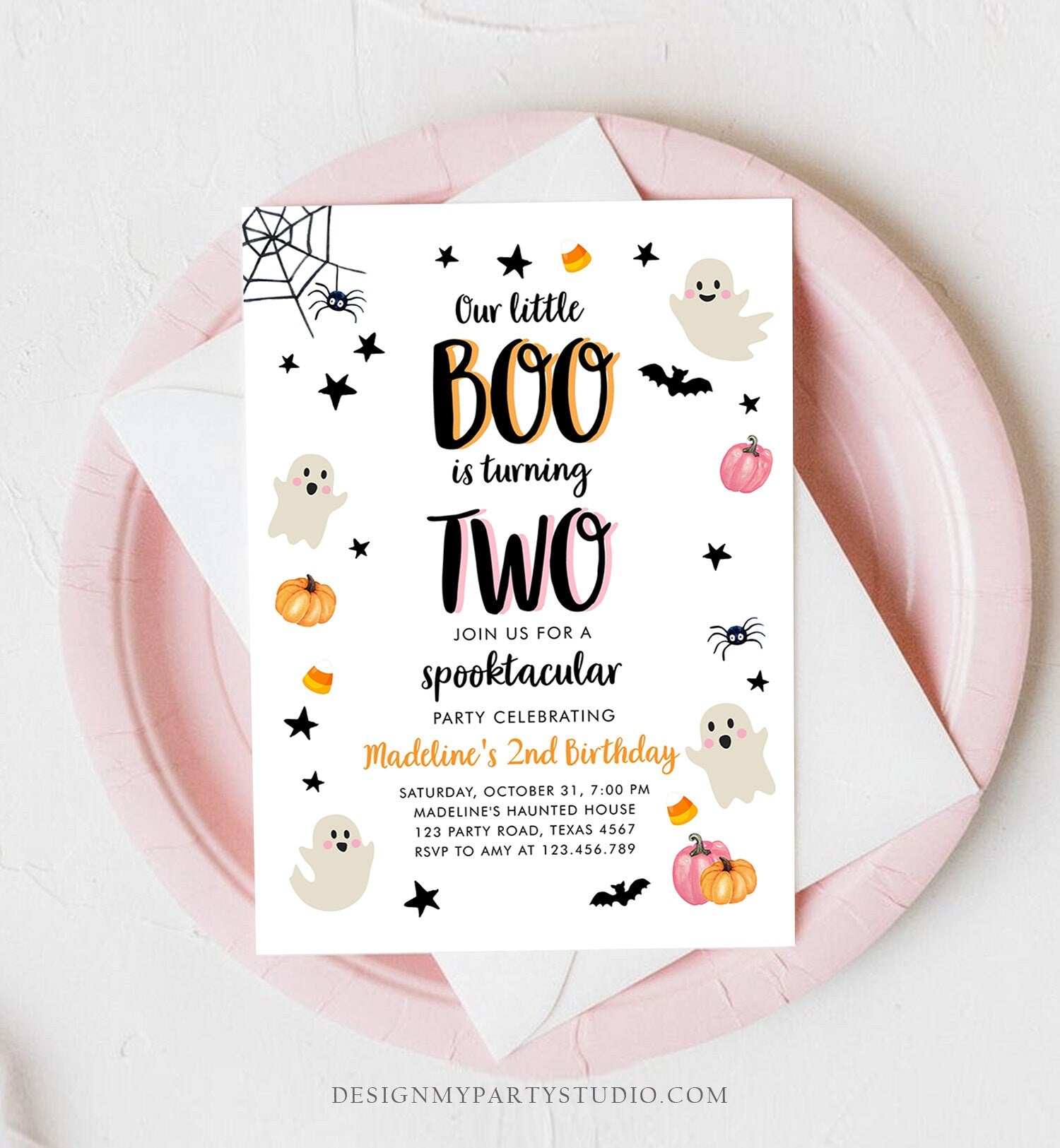 Editable Halloween 2nd Birthday Invitation Pink Ghost Costume Party Girl Pink Boo Spooktacular Spooky Download Printable Template Corjl 0418