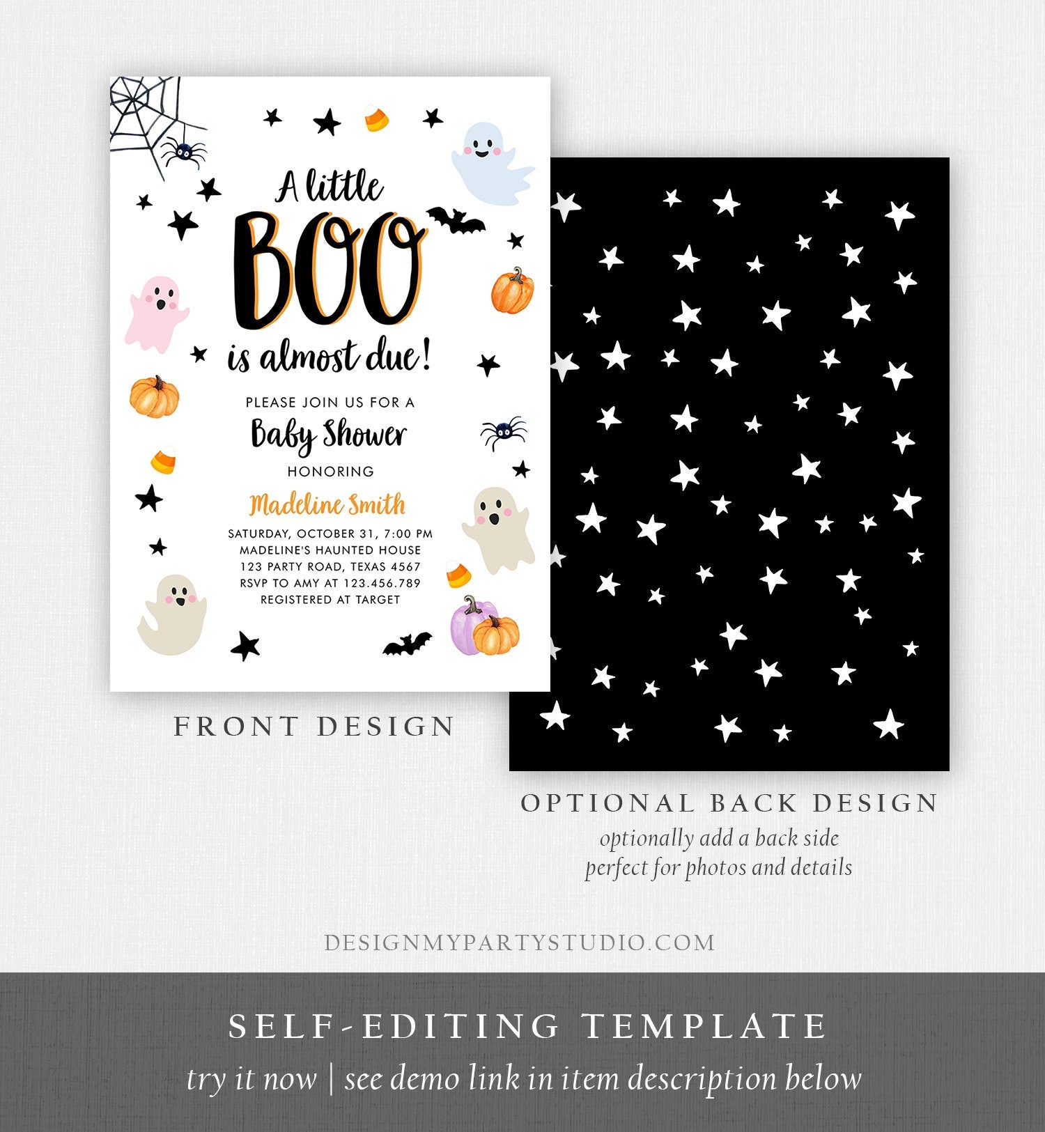 Editable Boo Baby Shower Invitation Cute Halloween Baby Shower Costume Party Pastel Ghost Neutral Digital Evite Template Printable 0418