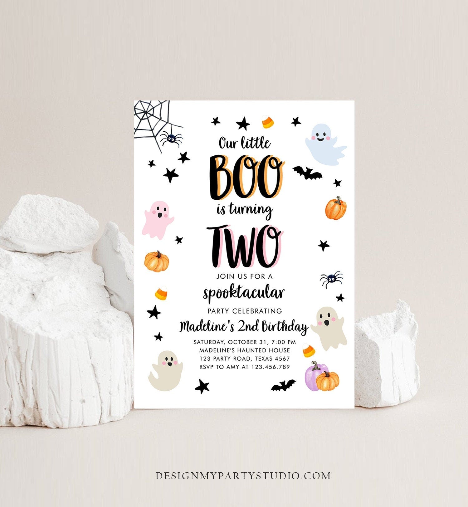 Editable Halloween 2nd Birthday Invitation Pink Ghost Costume Party Pastel Boo Spooktacular Spooky Digital Download Template Printable 0418