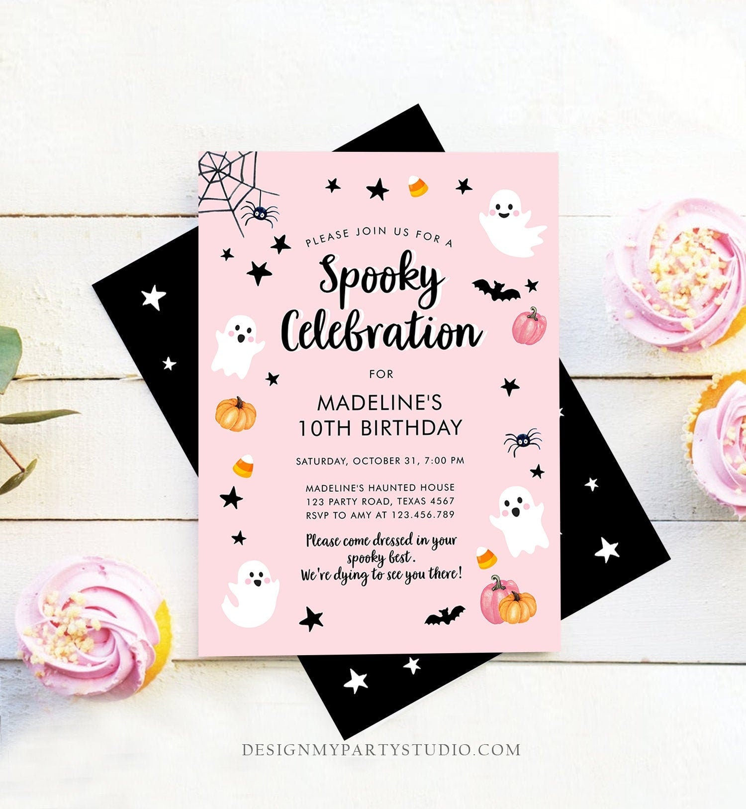 Editable Halloween Party Invitation Pink Ghost Costume Party Halloween Birthday Spooktacular Pink Download Printable Template Corjl 0418