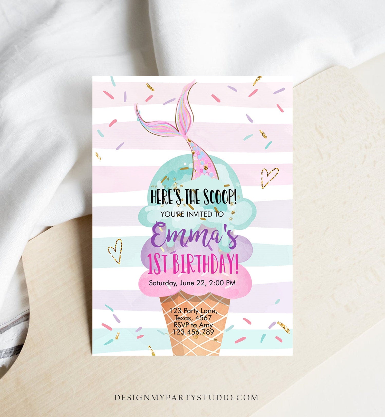 Editable Mermaid Ice Cream Birthday Invitation Under The Sea Here's the Scoop Cone Rainbow Ice Cream Party Printable Template Corjl 0243