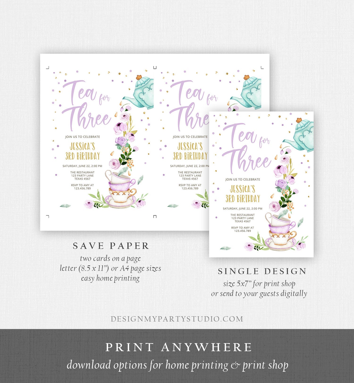 Editable Tea for Three Birthday Invitation Girl Tea Party Invite Pink Purple Floral Whimsical Download Printable Template Corjl Digital 0349