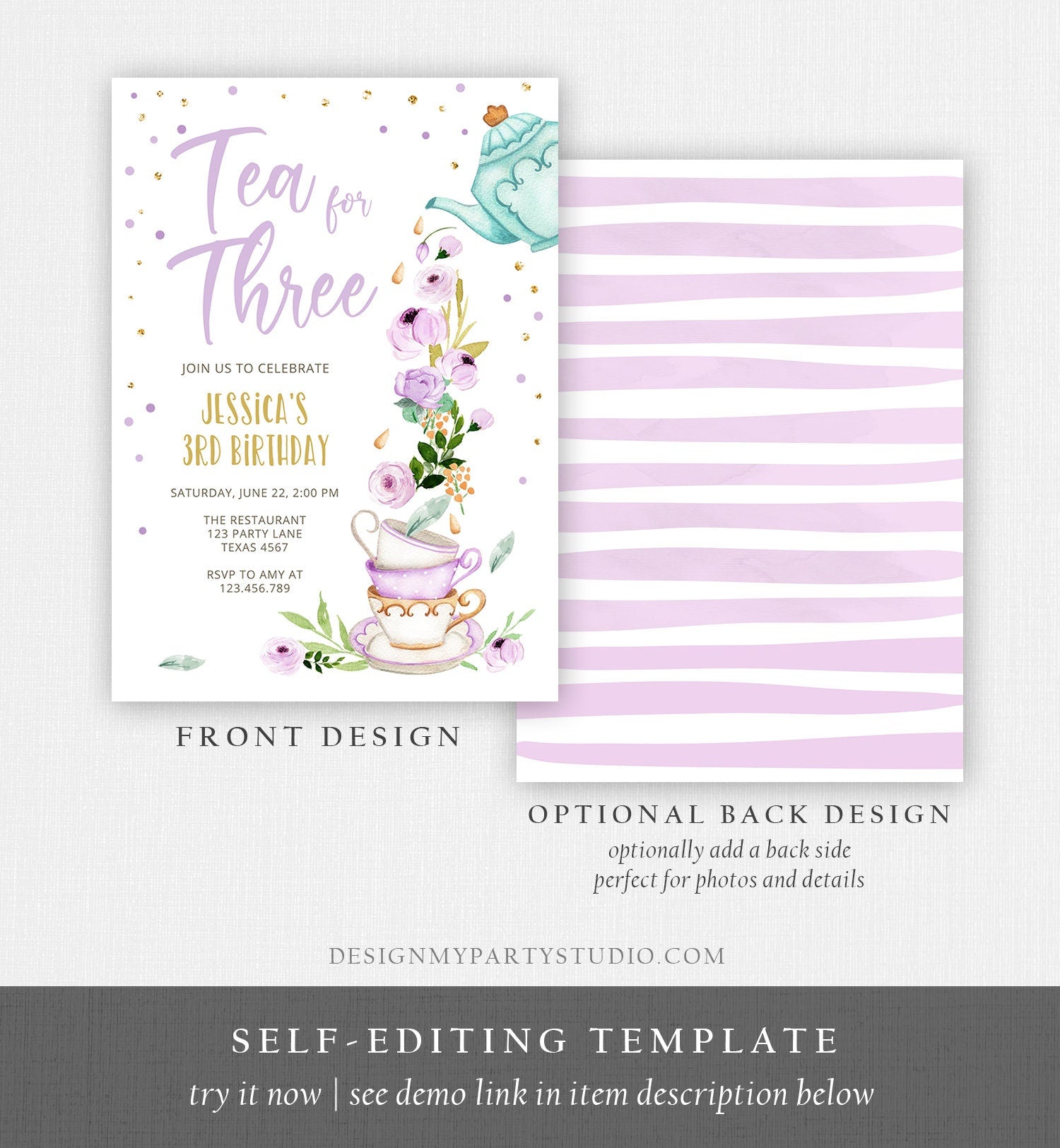 Editable Tea for Three Birthday Invitation Girl Tea Party Invite Pink Purple Floral Whimsical Download Printable Template Corjl Digital 0349