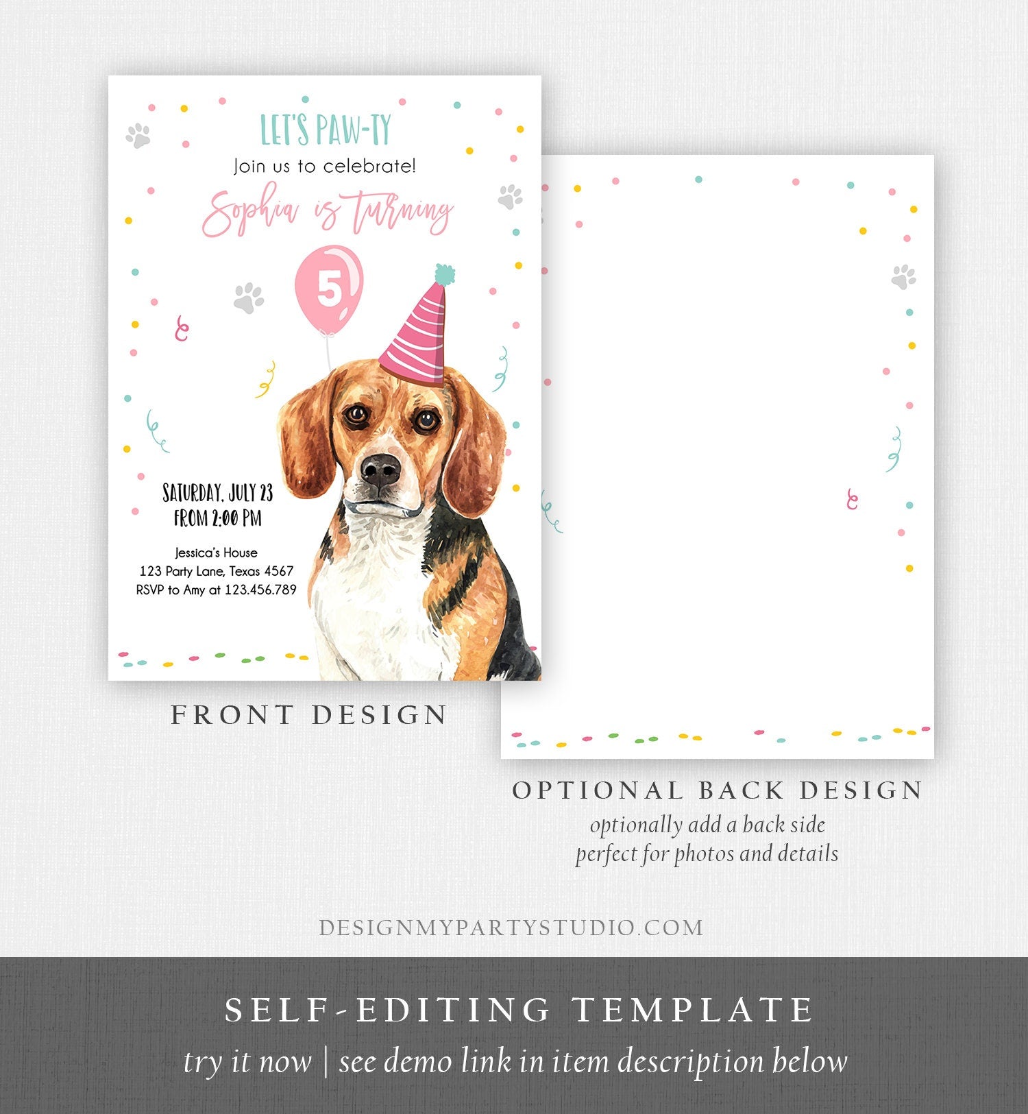 Editable Dog Birthday Party Invitation Beagle Birthday Invite Pink Girl Come Sit Stay Party Animal Download Printable Template Corjl 0384