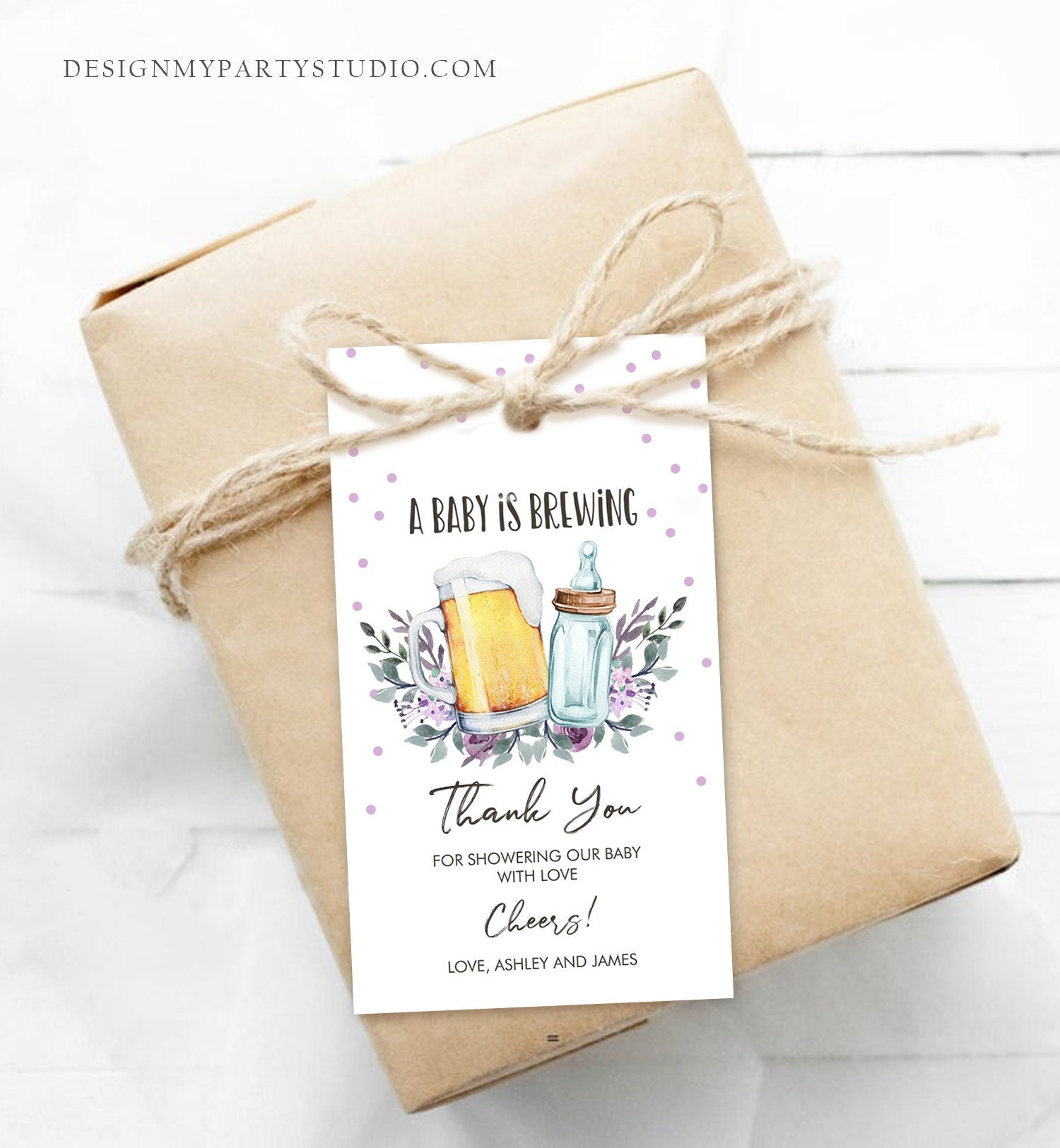 Editable A Baby is Brewing Baby Shower Favor Tags Beer Baby Shower Thank you Tag Purple Lavender Label Tags Gift Tags Template Corjl 0190