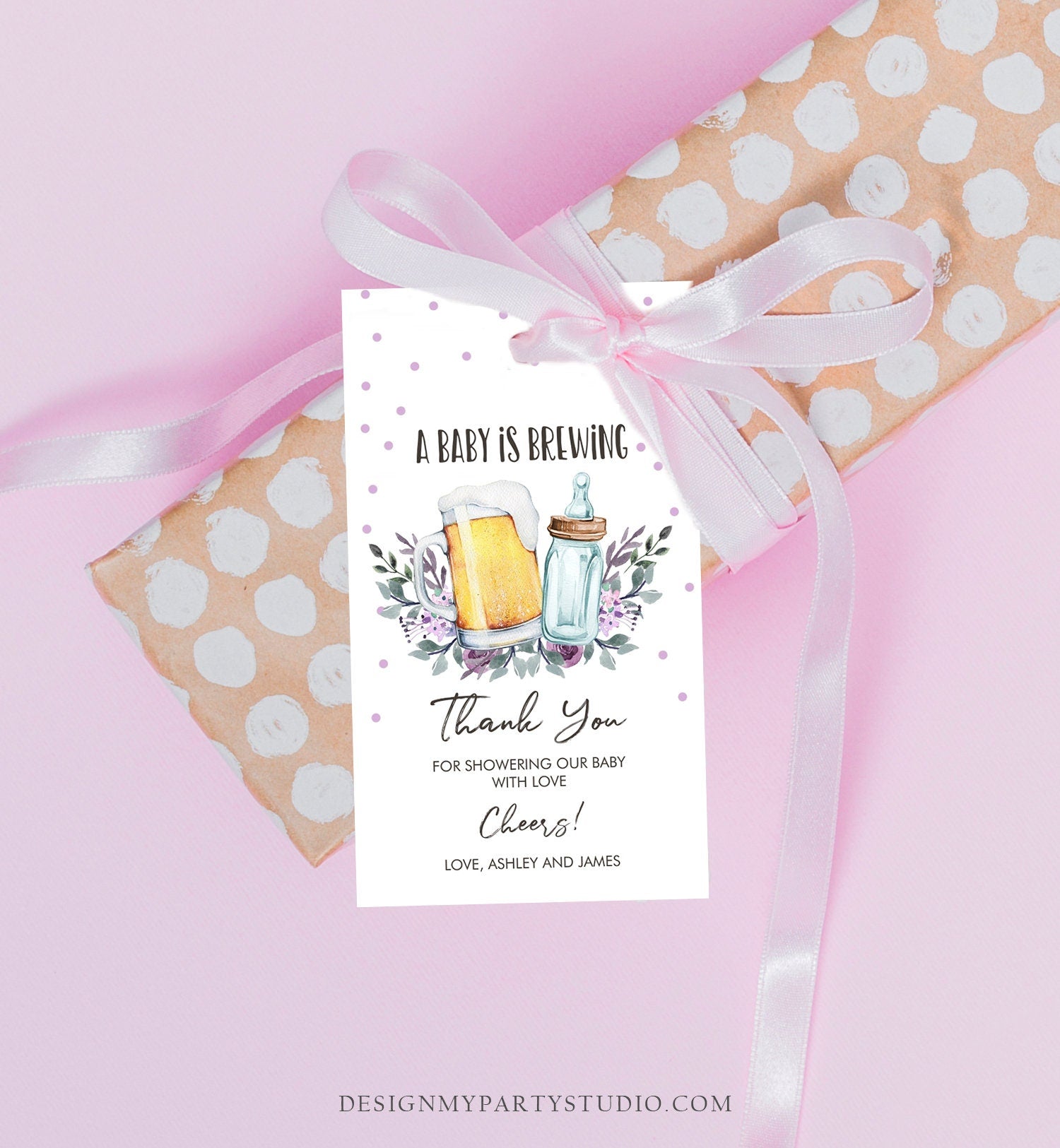 Editable A Baby is Brewing Baby Shower Favor Tags Beer Baby Shower Thank you Tag Purple Lavender Label Tags Gift Tags Template Corjl 0190