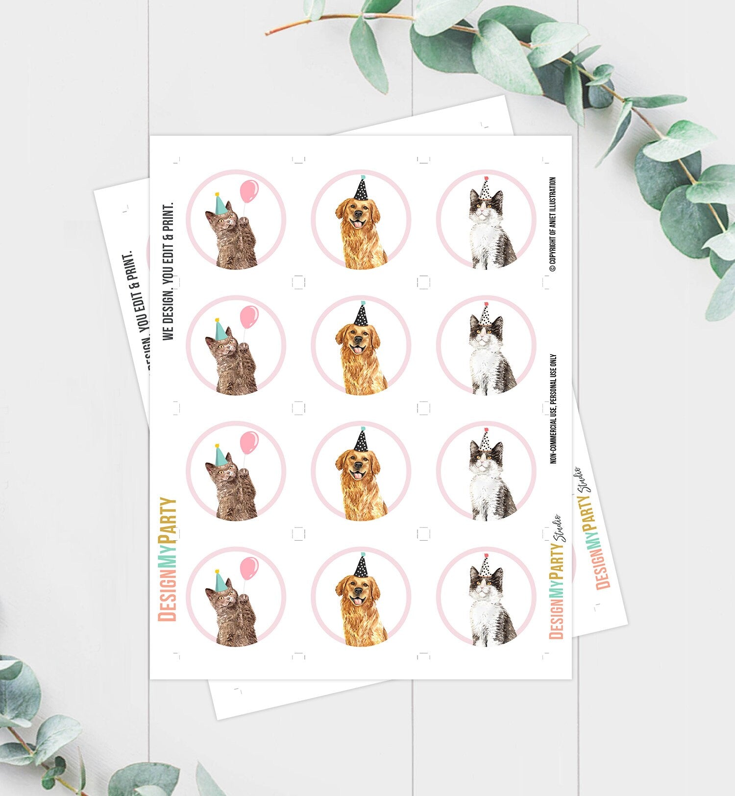 Cats and Dogs Cupcake Toppers Puppy Favor Tags Puppy Birthday Kitten Pink Girl Pet Party Pup Puppies Decor Digital Download Printable 0384