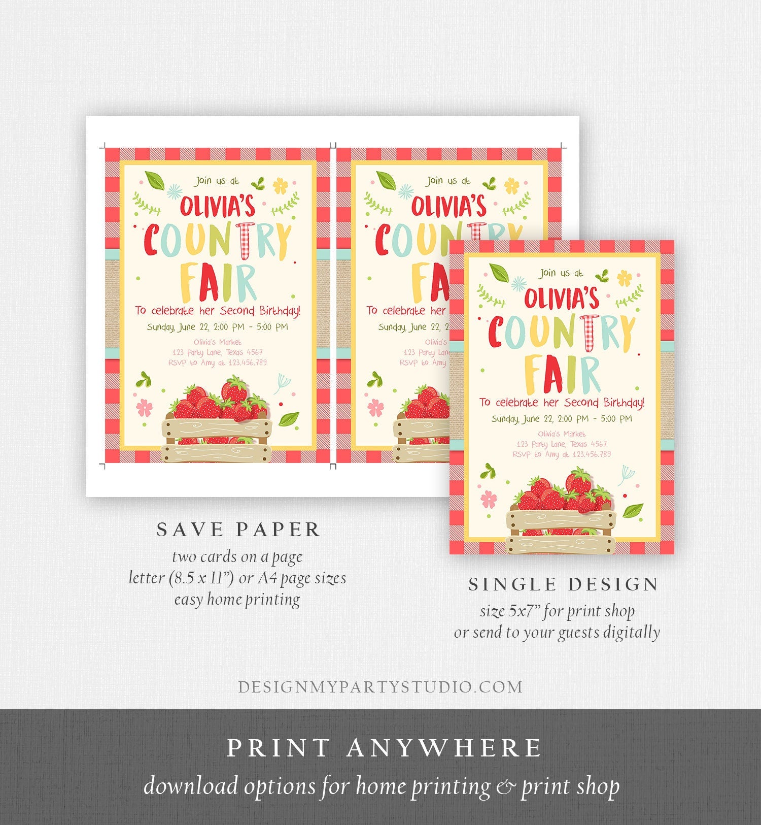 Editable Country Fair invitation Red Gingham Strawberry Home Grown Veggies Farm Fruits Market Download Printable Invite Template Corjl 0223