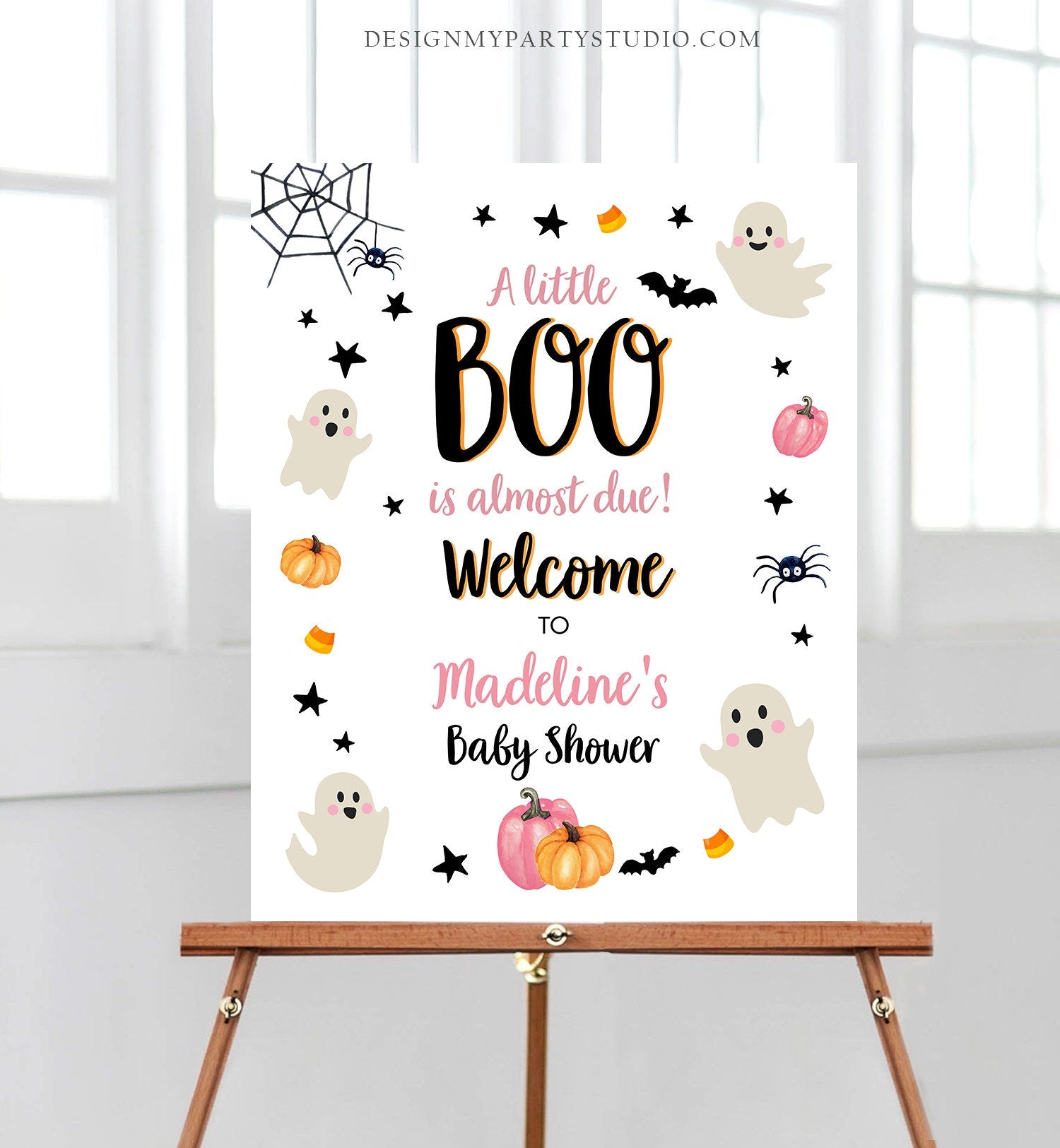 Editable Halloween Baby Shower Welcome Sign Peek A Boo Shower Decor Welcome Pink Girl Little Boo Sign Ghost Digital Template Printable 0418