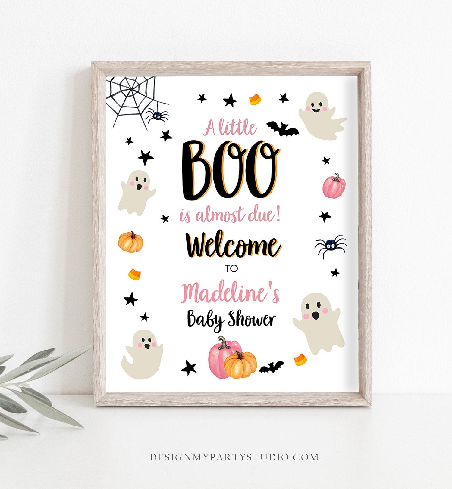 Editable Halloween Baby Shower Welcome Sign Peek A Boo Shower Decor Welcome Pink Girl Little Boo Sign Ghost Digital Template Printable 0418