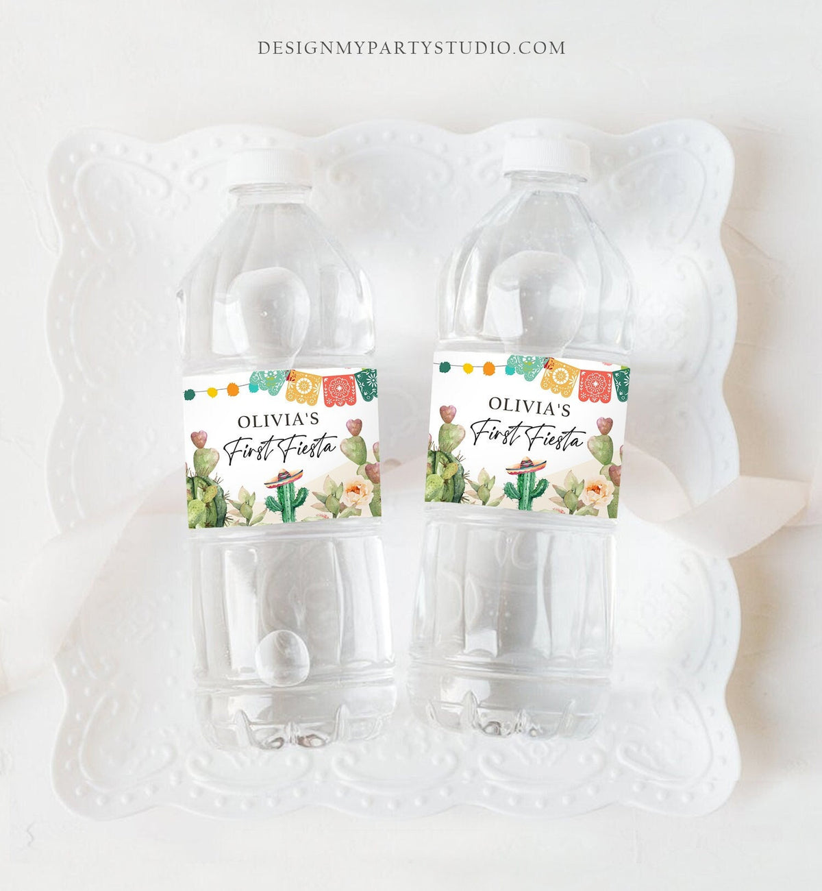 Editable Fiesta Water Bottle Labels First Fiesta Birthday Decor Mexican Cactus Succulent Desert Floral Girl Digital Template Printable 0404