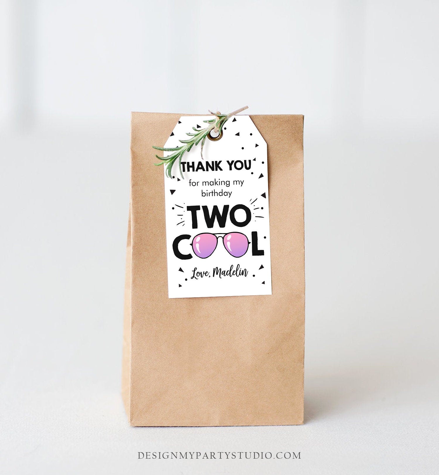 Editable Two Cool Favor Tags Birthday Thank You Tags Girl Second Birthday 2nd Gift Tags Sunglasses Summer Pink Corjl Template Printable 0136