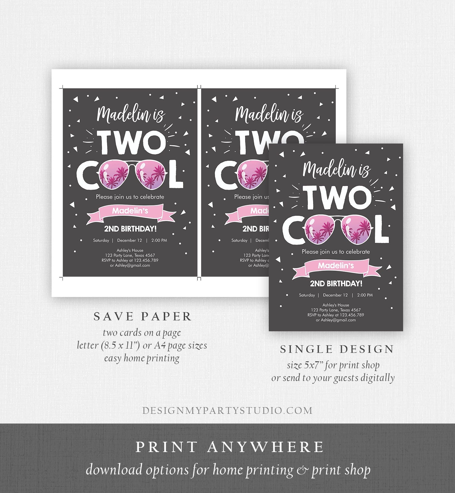 Editable Two Cool Birthday Invitation Girl Second Birthday Party 2nd I'm this Many Two Cool Pink Sunglasses Printable Corjl Template 0136