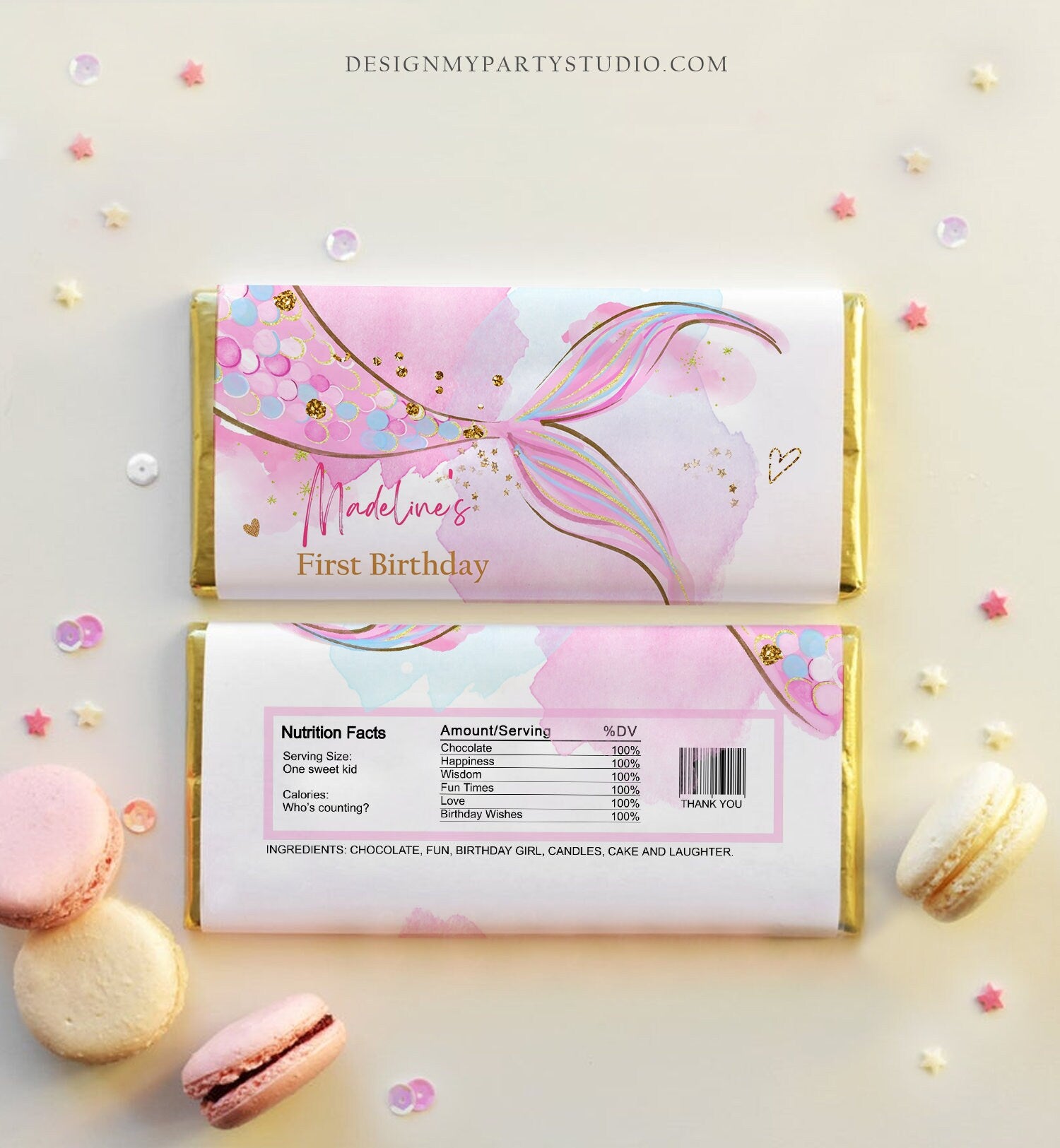 Editable Mermaid Chocolate Bar Wrapper Candy Bar Label Mermaid Tail Girl Pink Under The Sea Favor Download Corjl Template Printable 0403