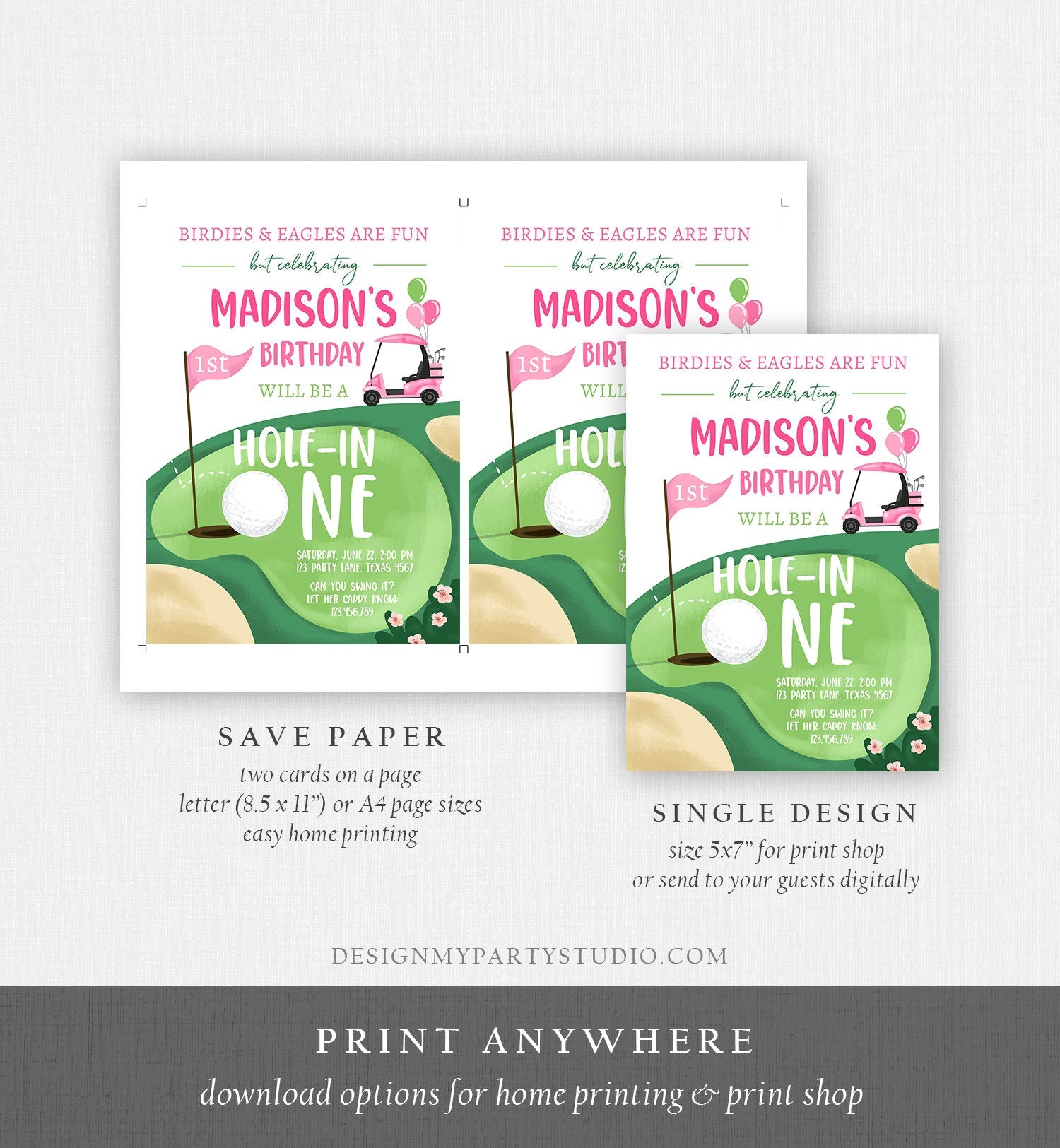 Editable Hole in One Birthday Invitation Golf First Birthday Par-tee Golf Invite Girl Golfing Download Printable Template Digital Corjl 0405