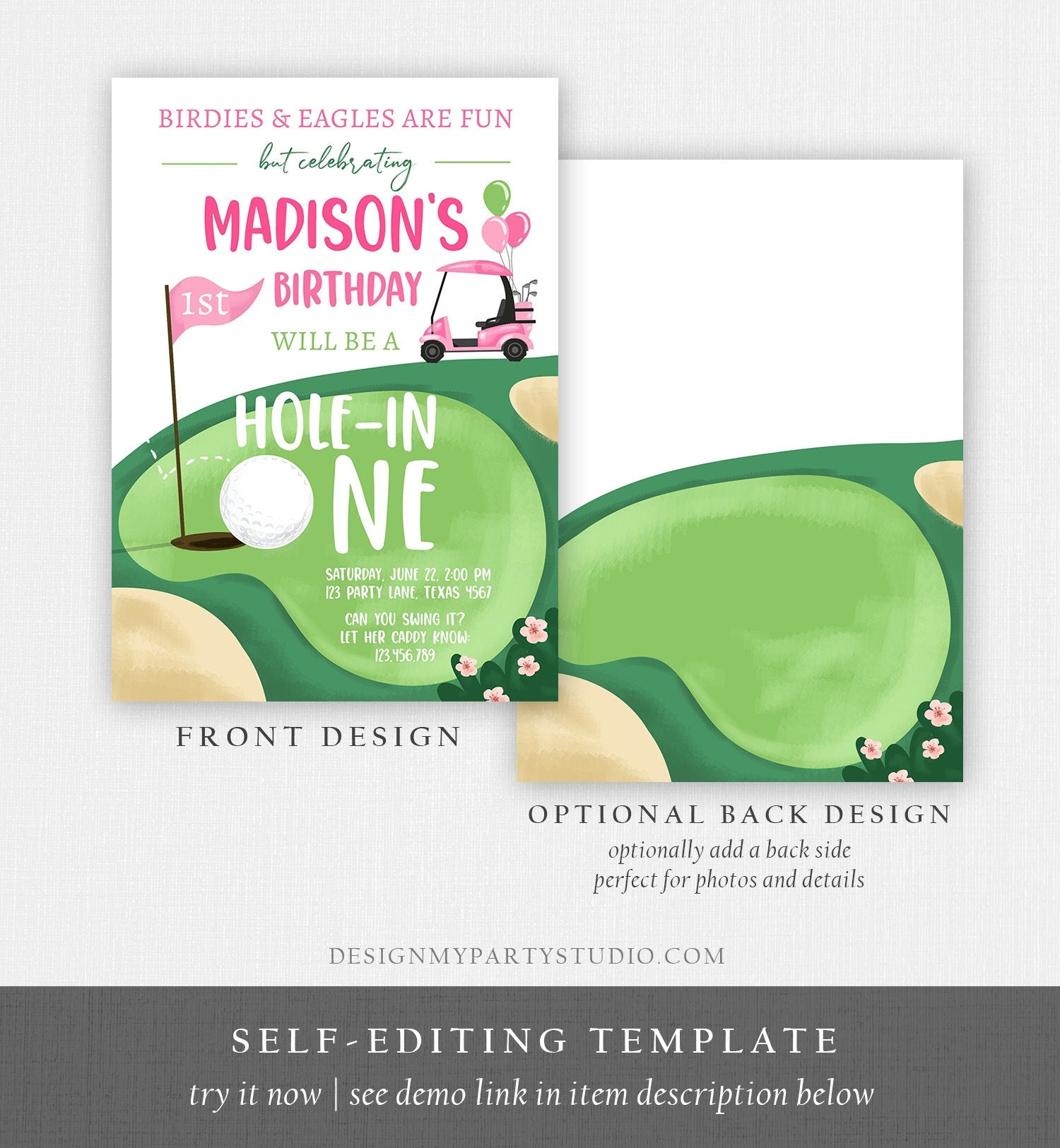 Editable Hole in One Birthday Invitation Golf First Birthday Par-tee Golf Invite Girl Golfing Download Printable Template Digital Corjl 0405