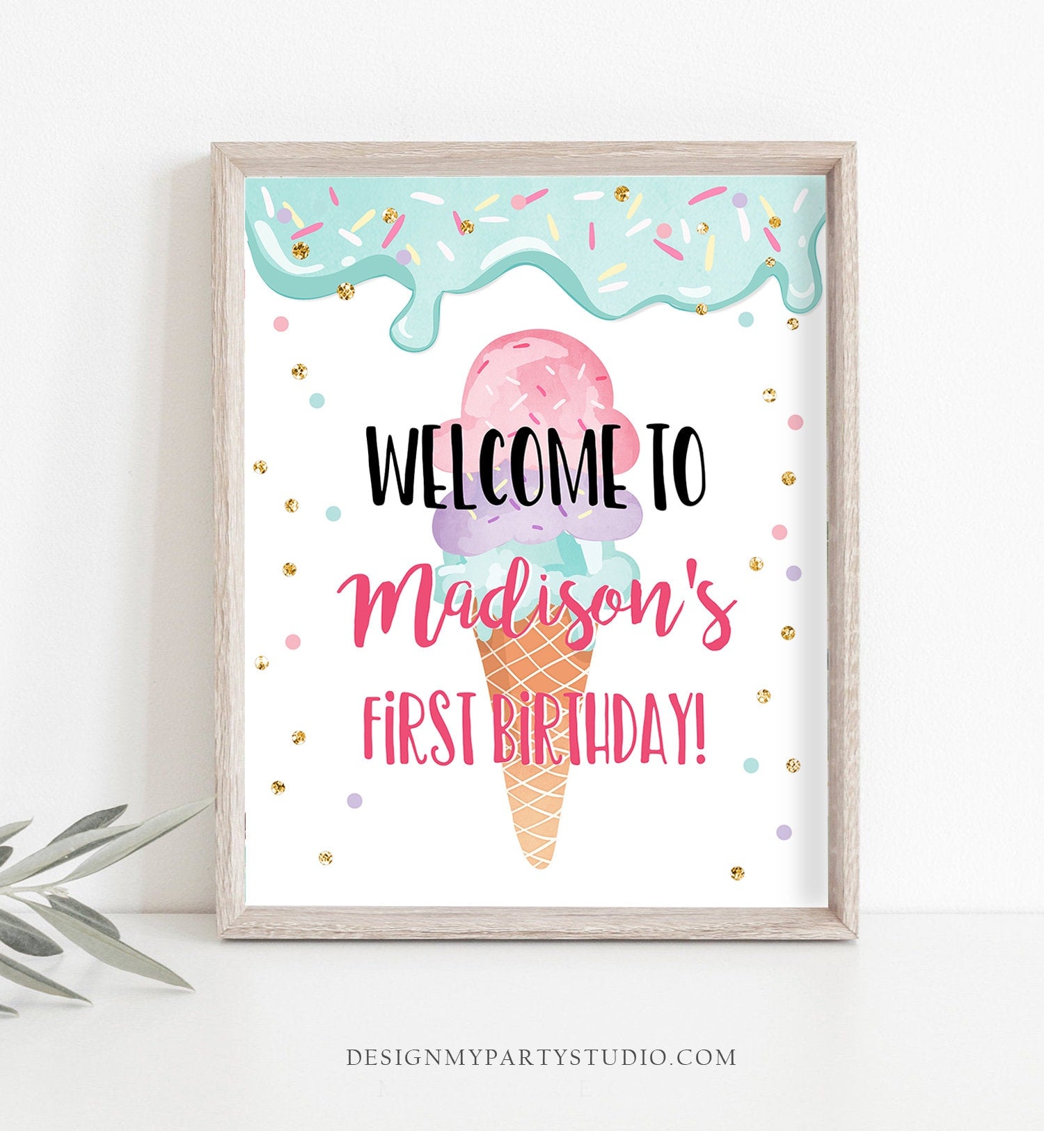 Editable Ice Cream Party Welcome Sign ice Cream Birthday Welcome Ice Cream Welcome Girl Summer Pink Purple Template PRINTABLE Corjl 0243