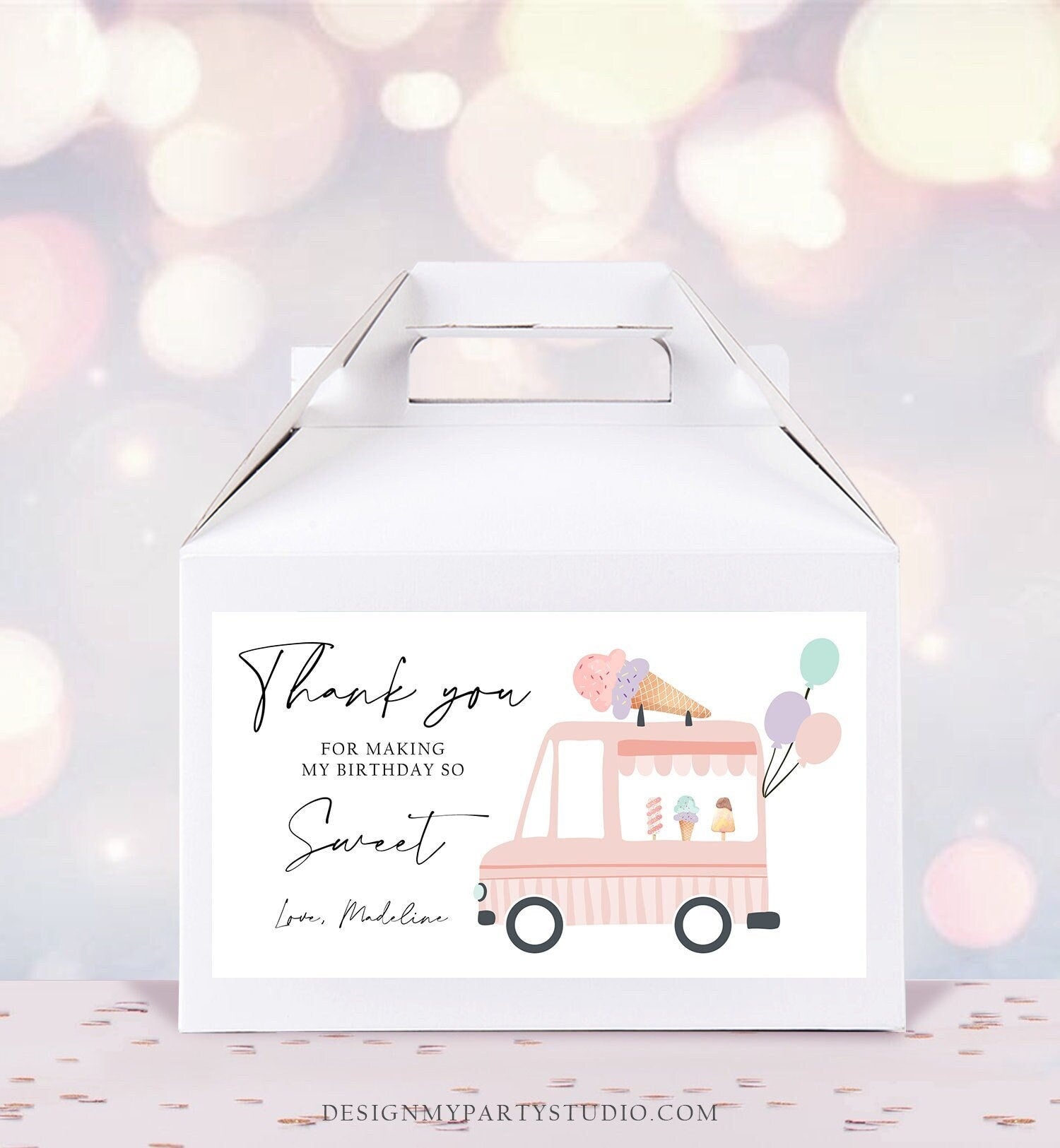 Editable Ice Cream Truck Favor Box Label Gable Gift Box Ice Cream Birthday Sweet One First Girl Treat Box Tag Download Printable Corjl 0415