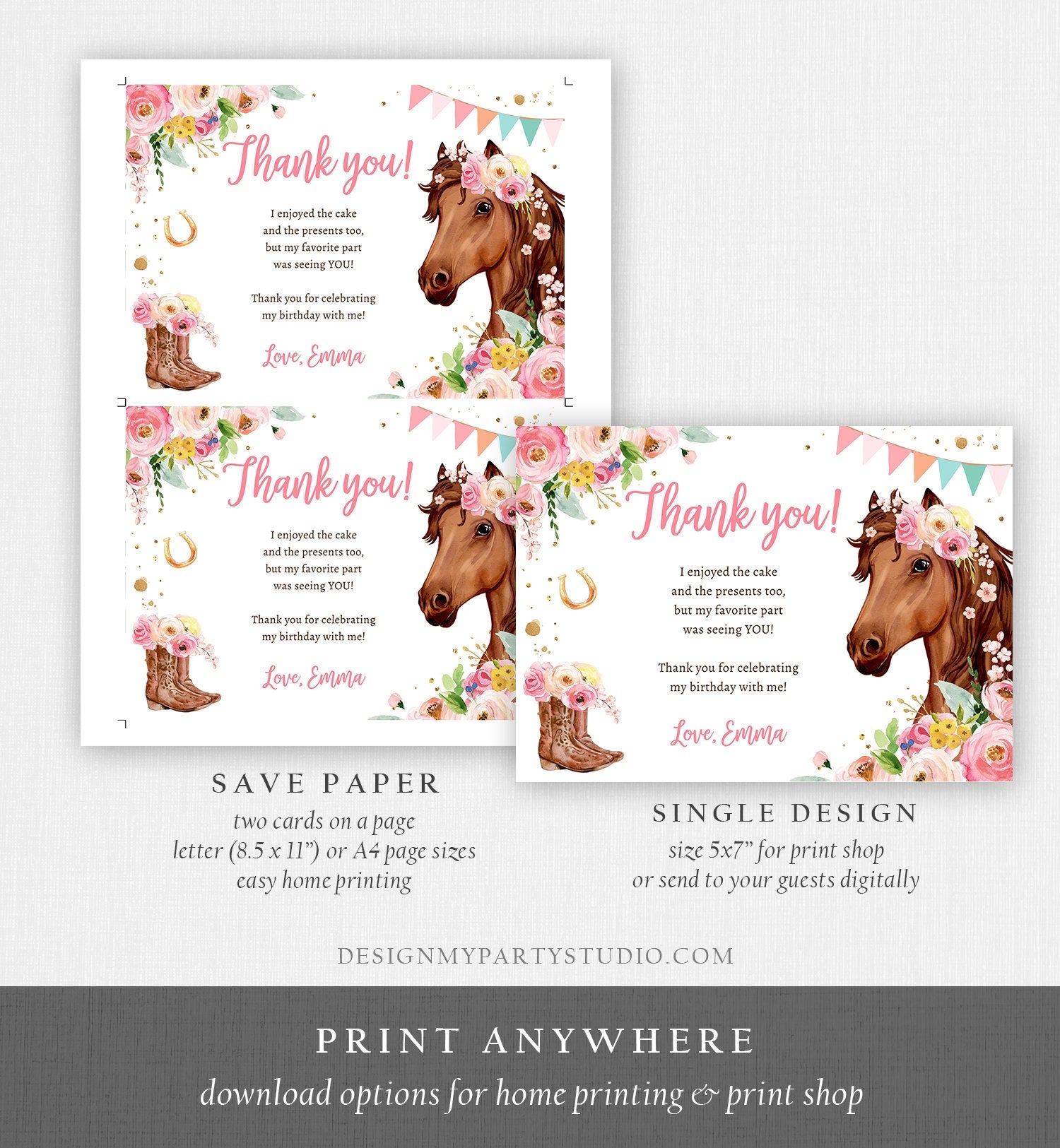 Editable Horse Thank You Card Note Girl Birthday Party Cowgirl Watercolor Pink Floral Saddle Up Download Printable Corjl Template 0408