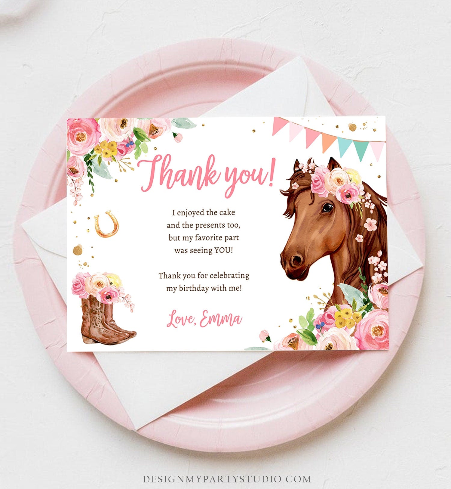 Editable Horse Thank You Card Note Girl Birthday Party Cowgirl Watercolor Pink Floral Saddle Up Download Printable Corjl Template 0408