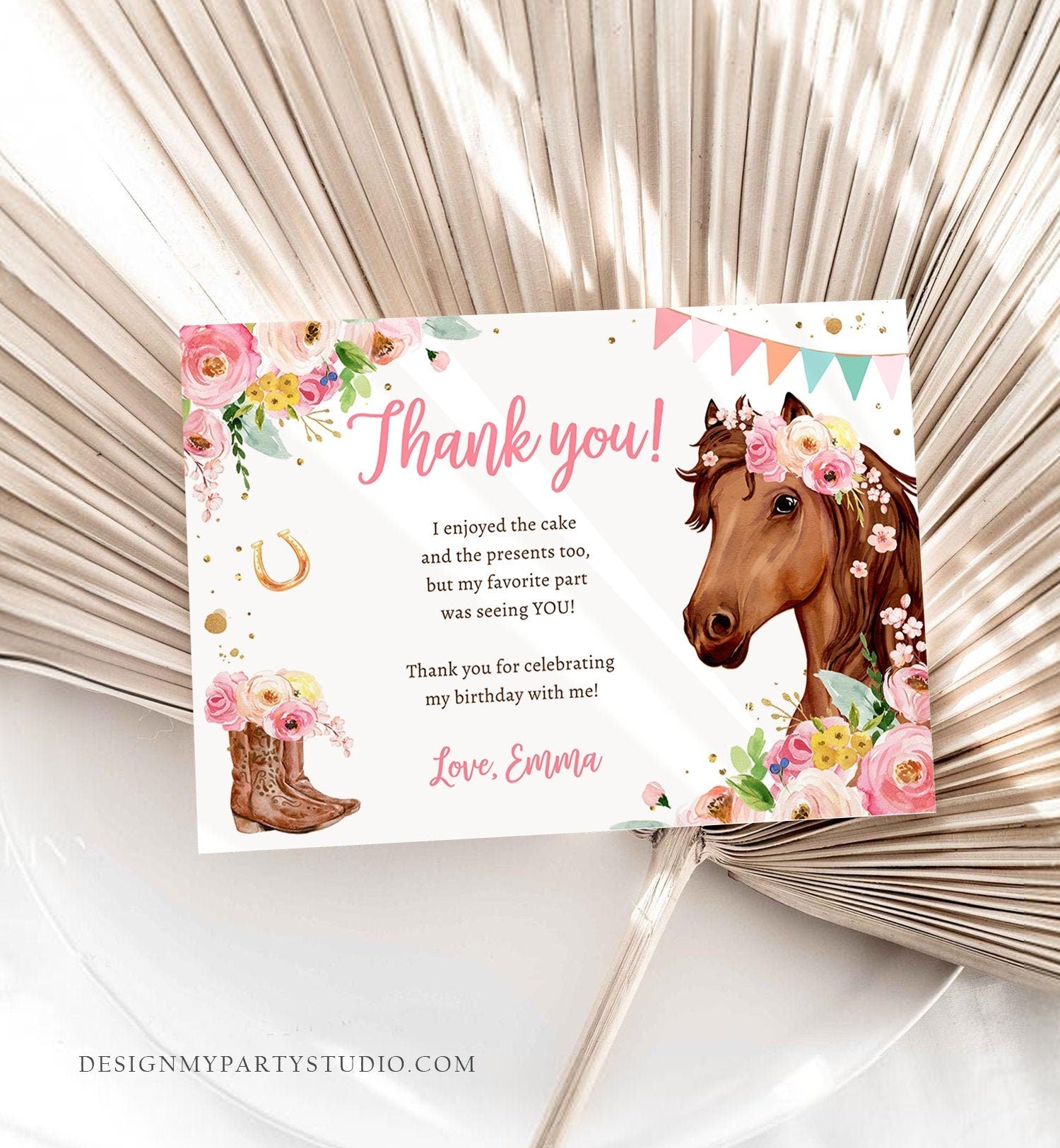 Editable Horse Thank You Card Note Girl Birthday Party Cowgirl Watercolor Pink Floral Saddle Up Download Printable Corjl Template 0408