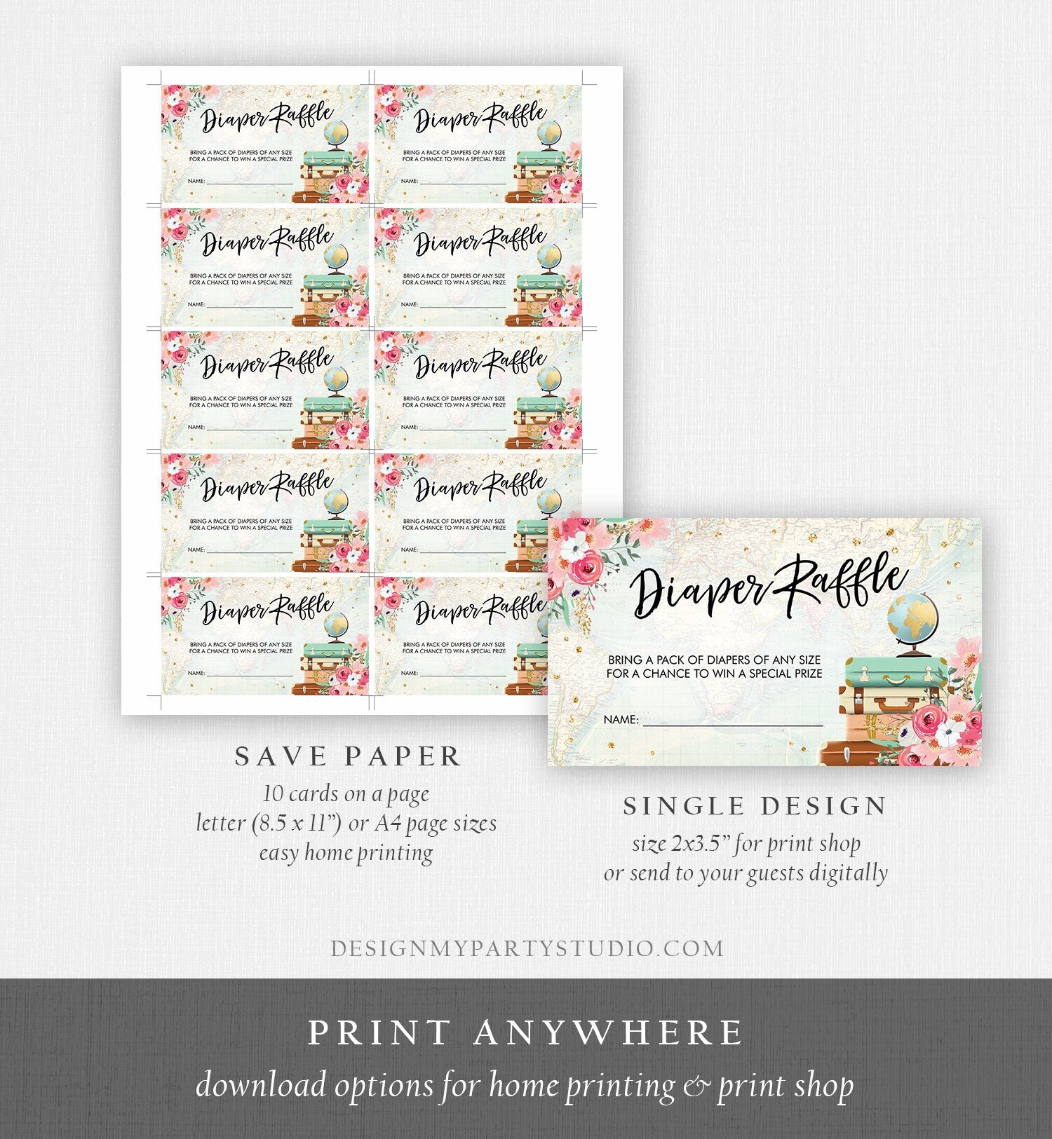 Editable Travel Diaper Raffle Ticket Baby Shower Diaper Game Journey Adventure Suitcases Globe Floral Pink Corjl Template Printable 0030