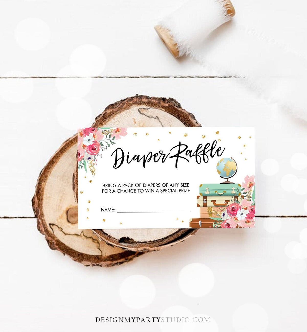 Editable Travel Diaper Raffle Ticket Baby Shower Diaper Game Journey Adventure Suitcases Globe Floral Pink Corjl Template Printable 0030