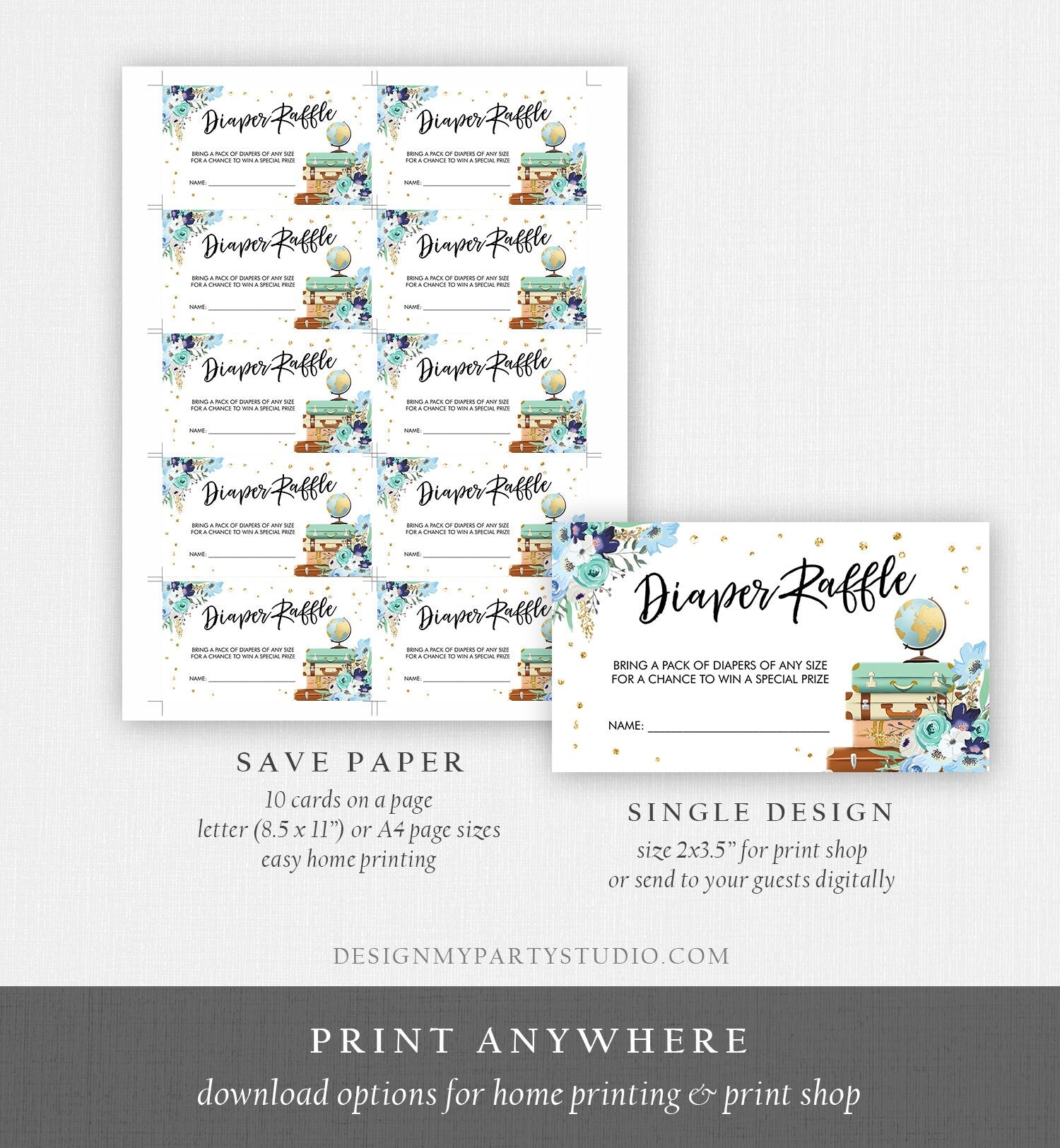 Editable Travel Diaper Raffle Ticket Baby Shower Diaper Game Journey Adventure Suitcases Globe Floral Blue Corjl Template Printable 0030