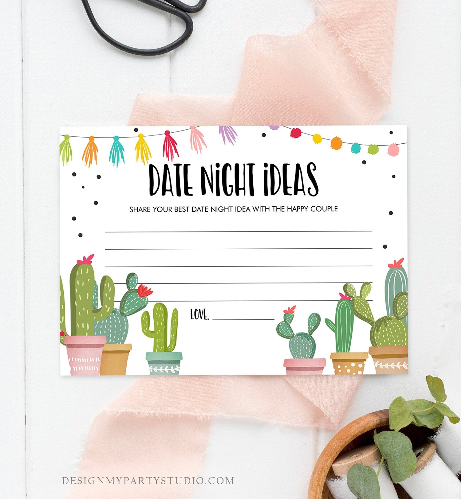 Editable Date Night Ideas Bridal Shower Game Idea Card Advice Game Insert Card Date Jar Fiesta Cactus Activity Mexican Digital Template 0254