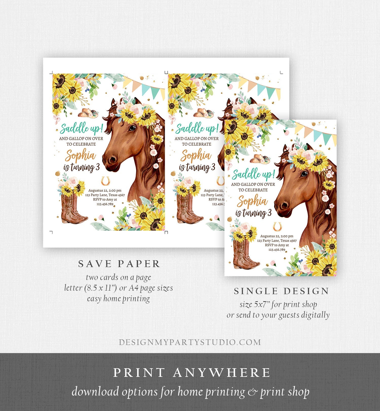 Editable Cowgirl Birthday Invitation Girl Saddle Up Watercolor Horse Party Horse Birthday Sunflowers Download Printable Evite Template 0408