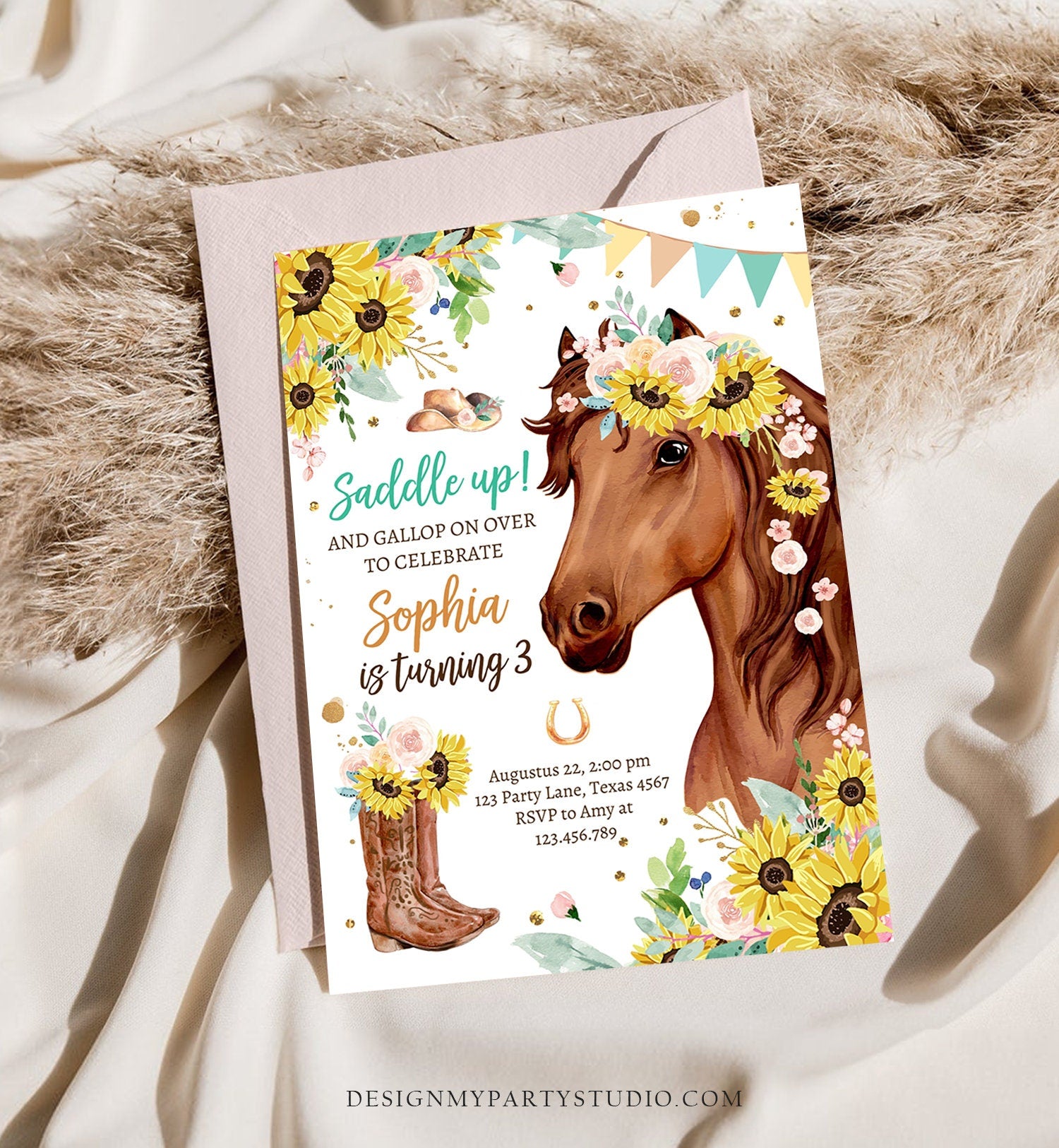 Editable Cowgirl Birthday Invitation Girl Saddle Up Watercolor Horse Party Horse Birthday Sunflowers Download Printable Evite Template 0408