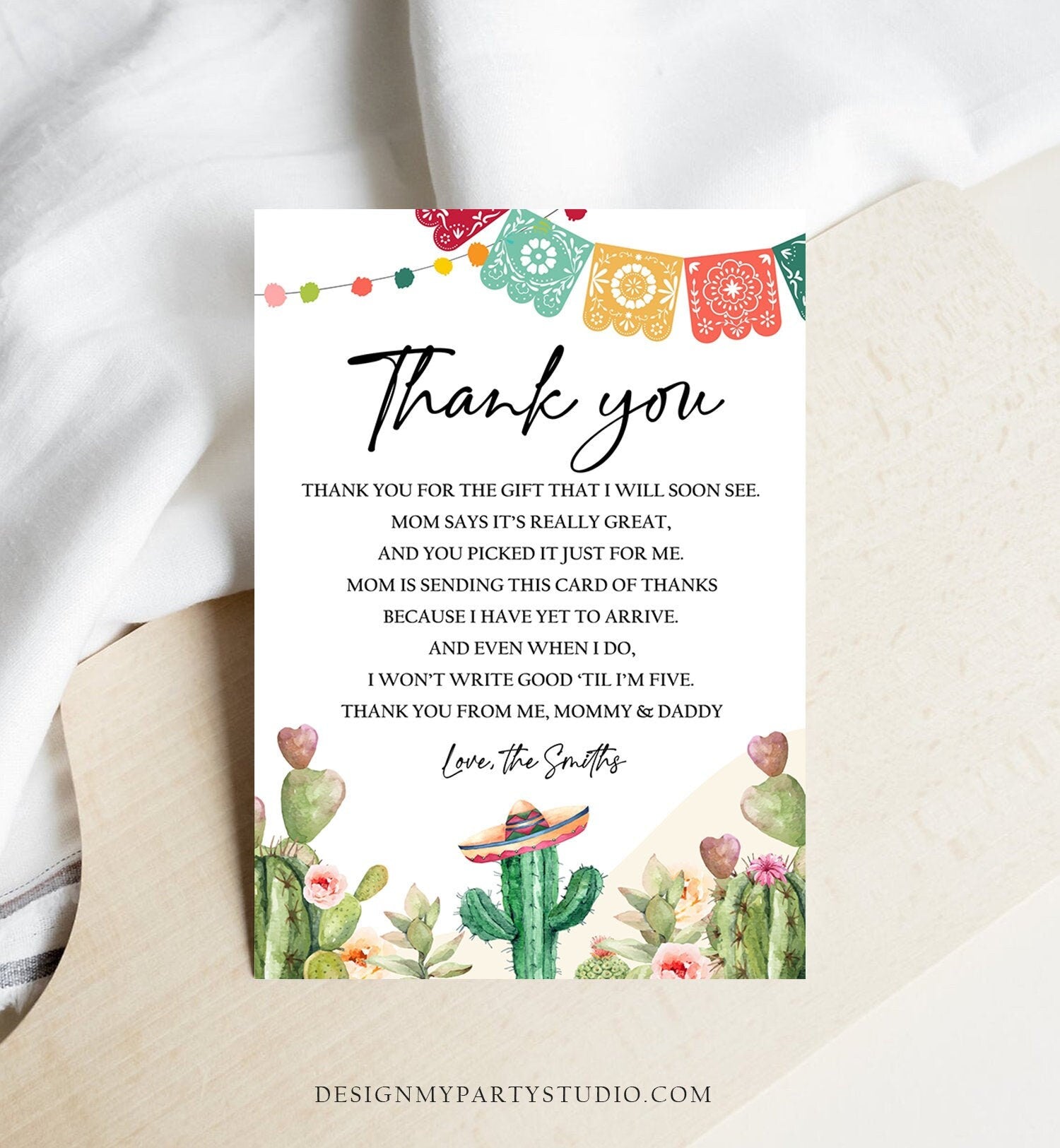 Editable Fiesta Baby Shower Thank You Card Mexican Baby Shower Cactus Succulent Desert Floral Fiesta Digital Corjl Template Printable 0404