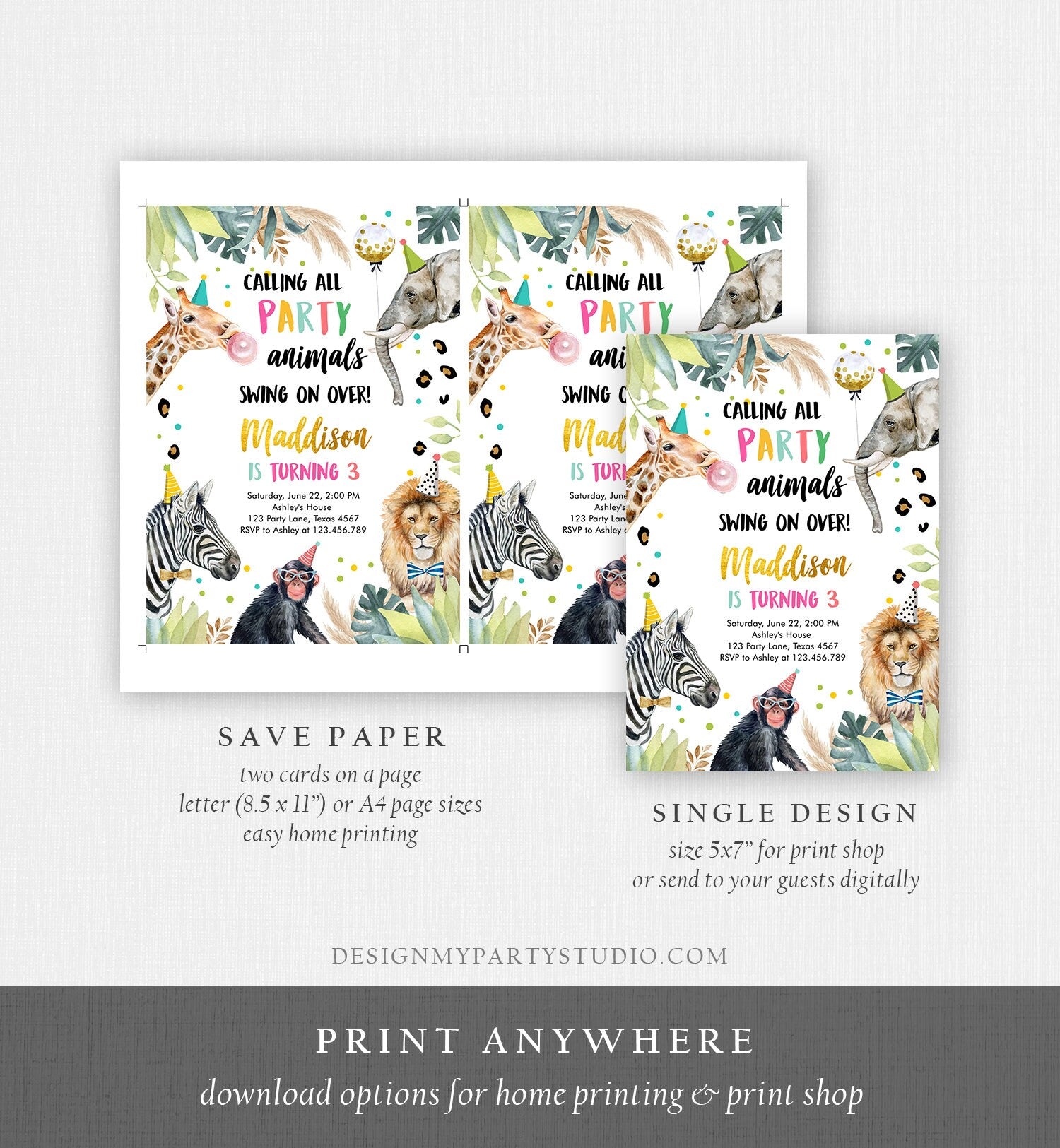 Editable Party Animals Birthday Invitation Wild One Animals Invitation Zoo Safari Animals Girl Download Printable Invite Template Corjl 0417