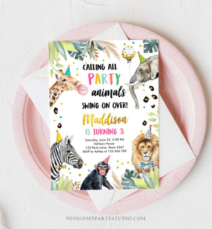 Editable Party Animals Birthday Invitation Wild One Animals Invitation Zoo Safari Animals Girl Download Printable Invite Template Corjl 0417