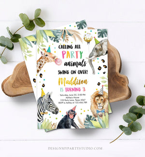 Editable Party Animals Birthday Invitation Wild One Animals Invitation Zoo Safari Animals Girl Download Printable Invite Template Corjl 0417