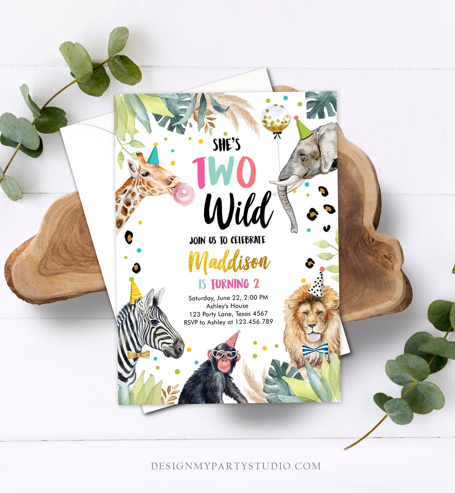 Editable Two Wild Birthday Invitation Girl Safari Animals Part Animals Pink Gold Safari Zoo Digital Download Corjl Template Printable 0417