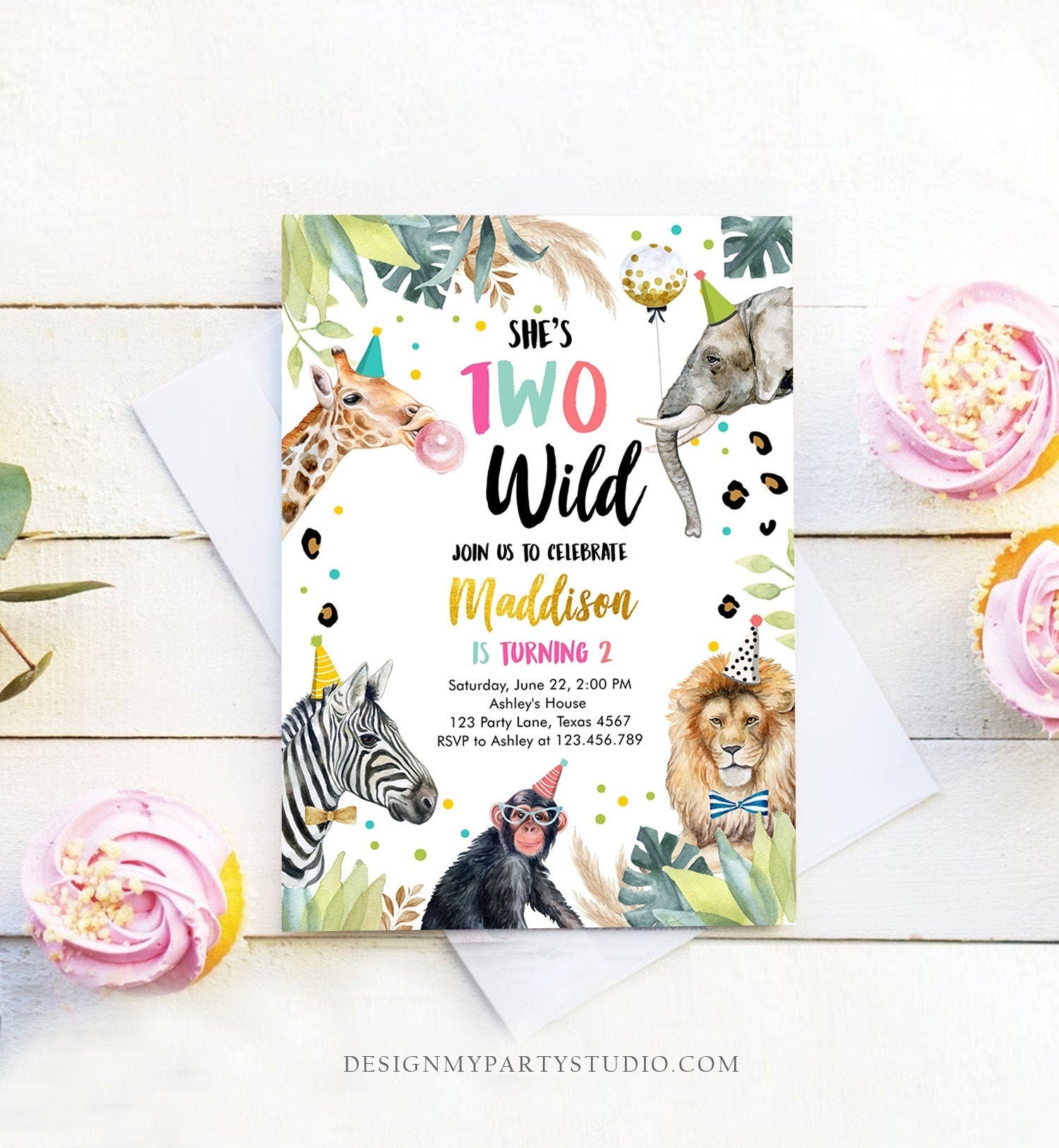 Editable Two Wild Birthday Invitation Girl Safari Animals Part Animals Pink Gold Safari Zoo Digital Download Corjl Template Printable 0417