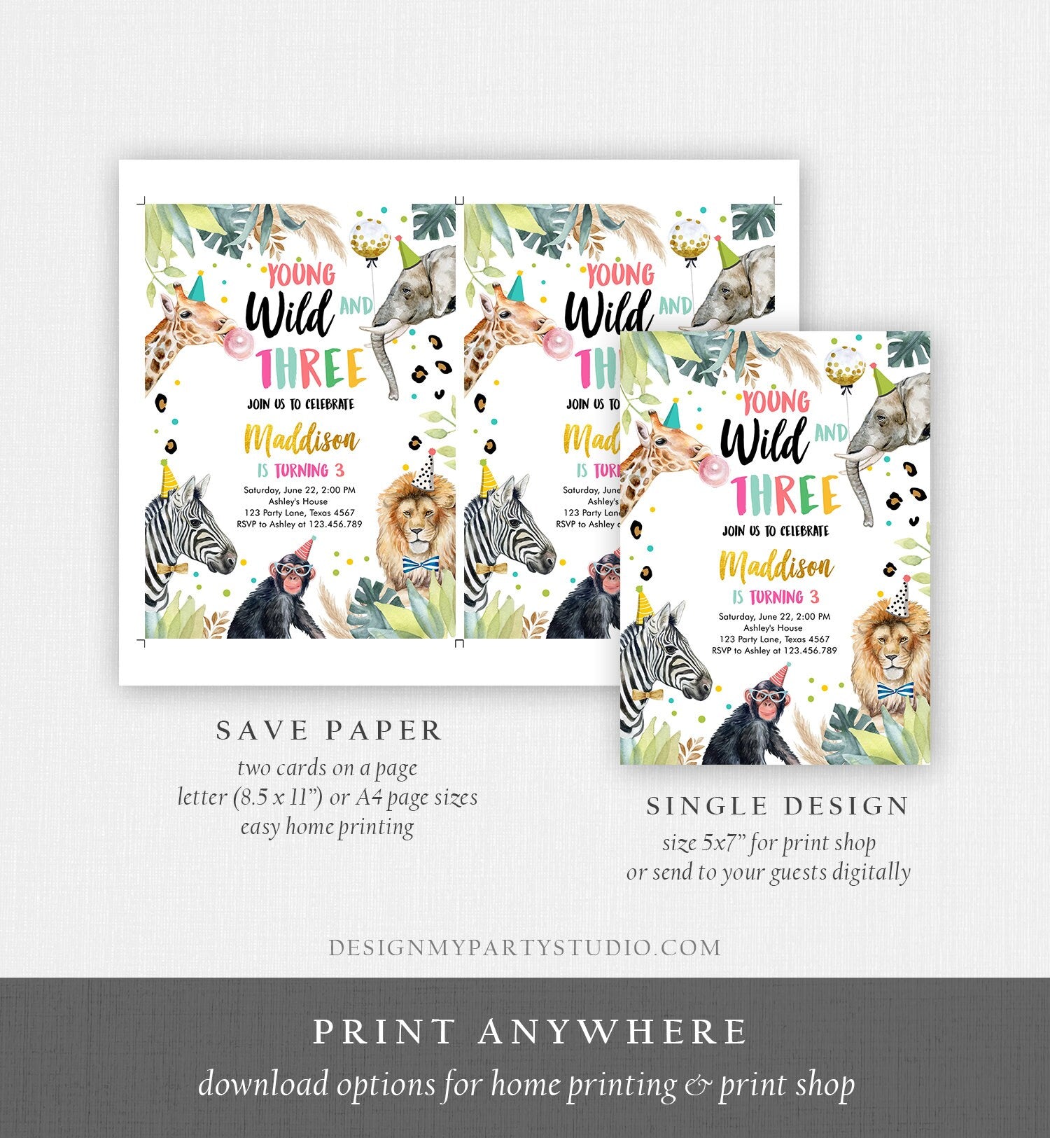 Editable Young Wild and Three Invitation Girl Pink and Gold Safari Animals Zoo Instant Download Printable Template Digital Corjl 0417