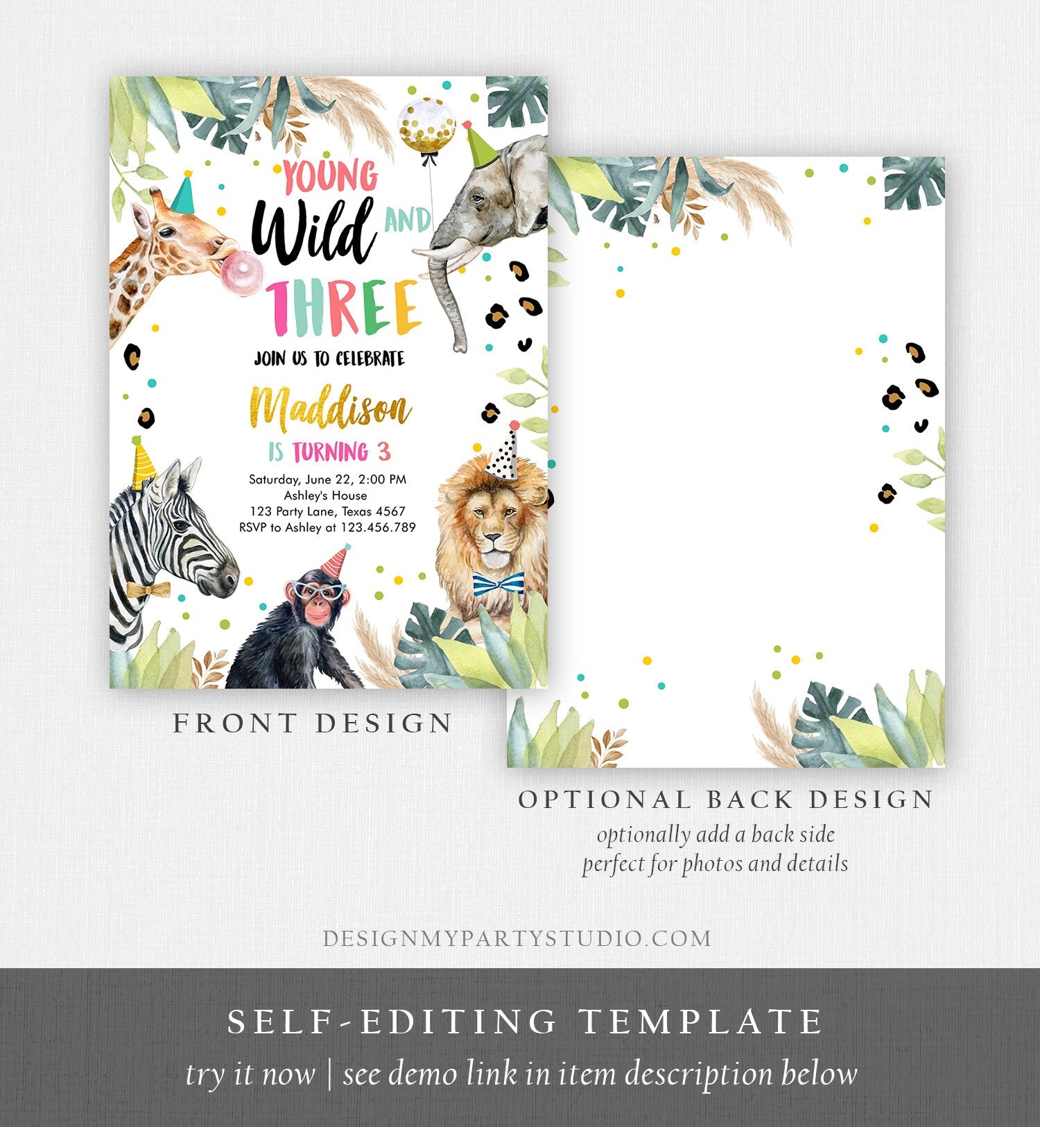 Editable Young Wild and Three Invitation Girl Pink and Gold Safari Animals Zoo Instant Download Printable Template Digital Corjl 0417