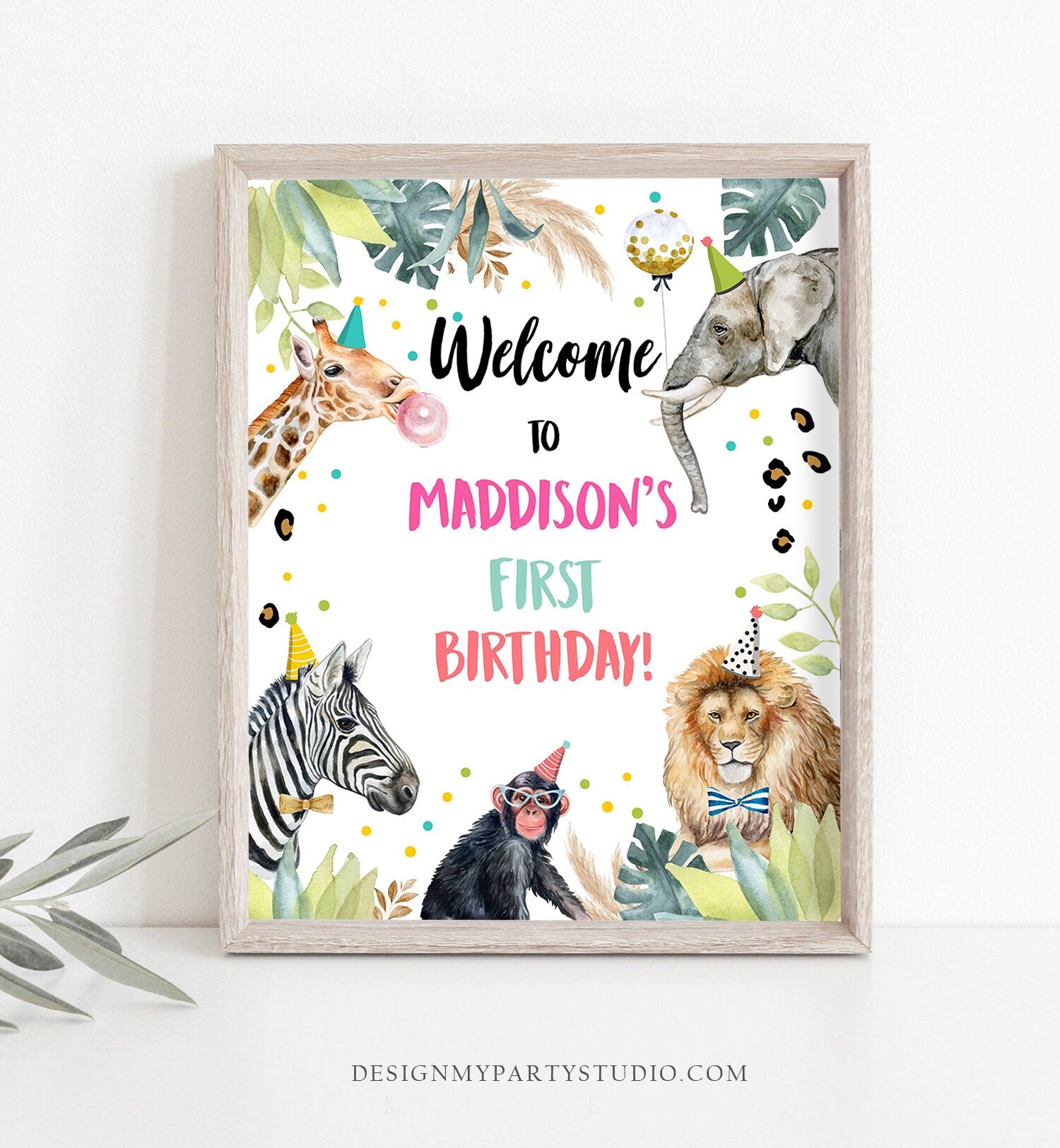 Editable Party Animals Welcome Sign Party Animal Sign Zoo Safari Welcome Jungle Sign Birthday Animals Girl Template PRINTABLE Corjl 0417