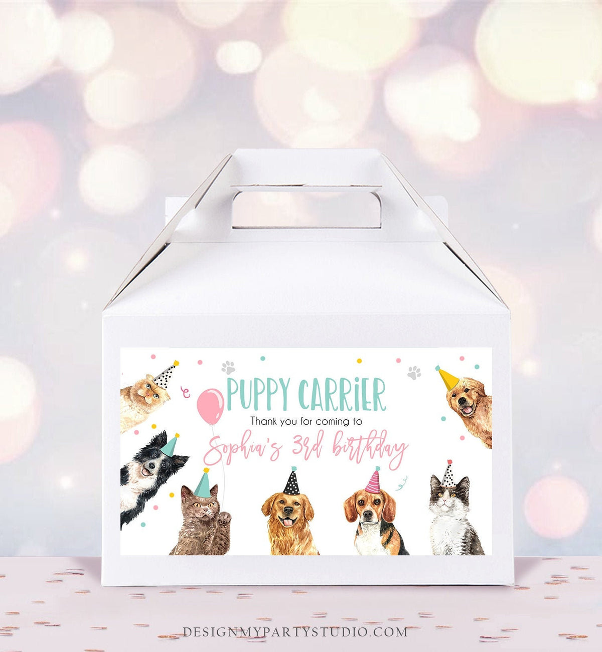 Editable Cats and Dogs Favors Puppy Carrier Box Label Puppy Birthday Favor Box Label Cat Birthday Adopt a Pet Download Printable Corjl 0384