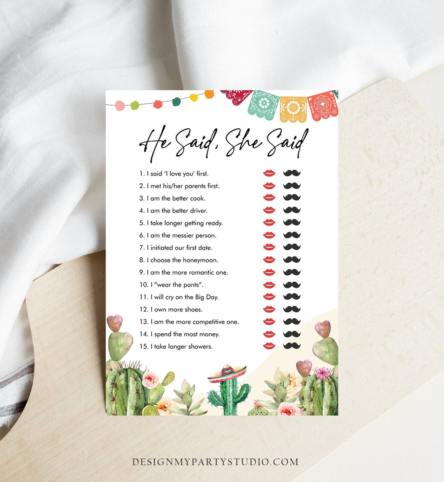 Editable He Said She Said Bridal Shower Game Cactus Fiesta Mexican Coed Shower Succulent Wedding Activity Corjl Template Printable 0404