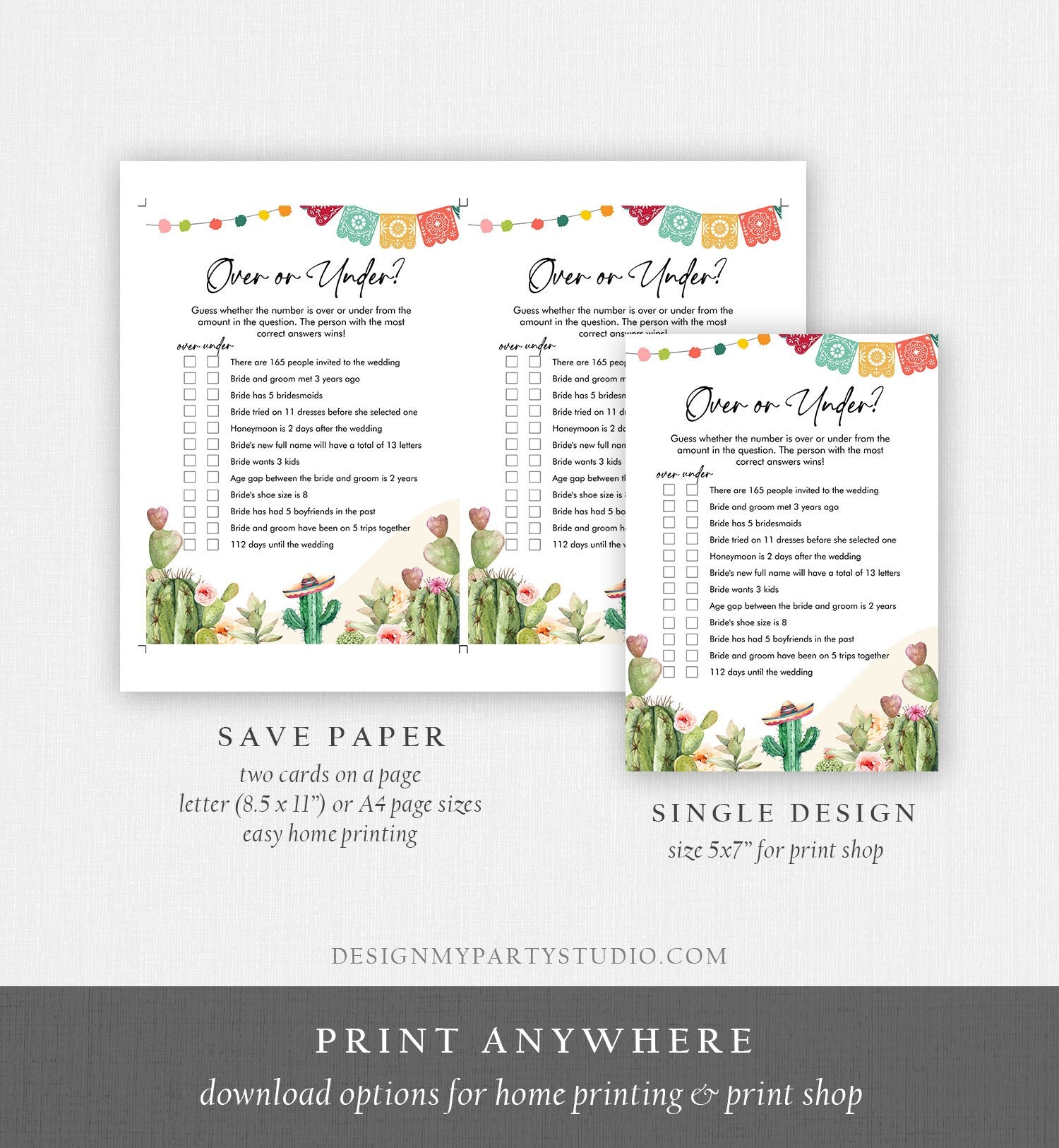 Editable Over or Under Bridal Shower Game Cactus Fiesta Mexican Coed Shower Games Succulent Wedding Activity Corjl Template Printable 0404