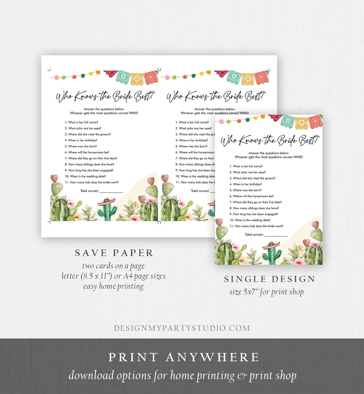 Editable Who Knows the Bride Best Bridal Shower Game Cactus Fiesta Mexican Coed Shower Games Wedding Activity Corjl Template Printable 0404