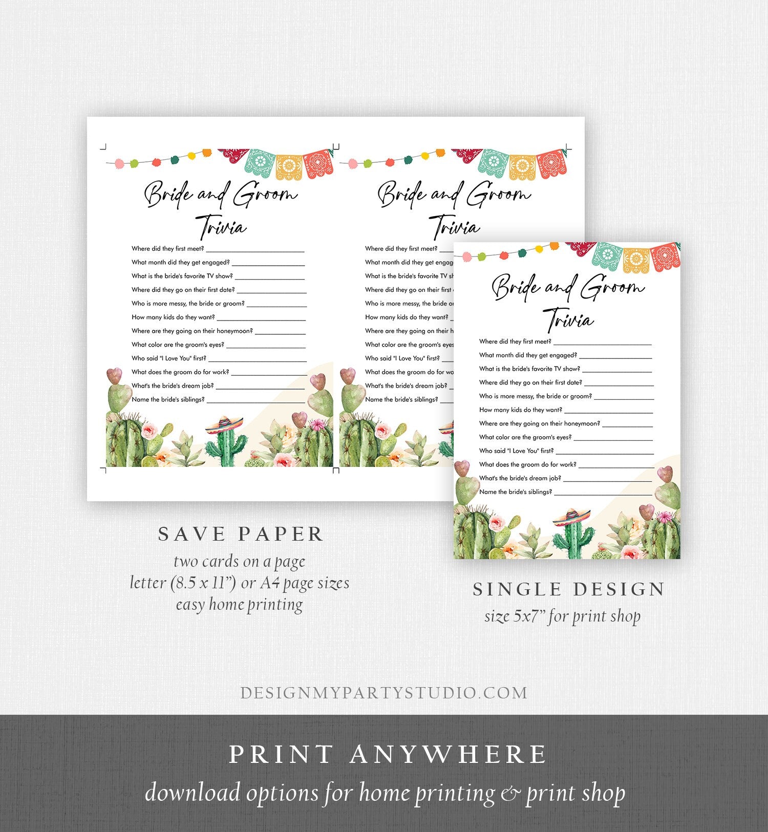 Editable Bride and Groom Trivia Bridal Shower Game Cactus Fiesta Mexican Coed Shower Games Wedding Activity Corjl Template Printable 0404