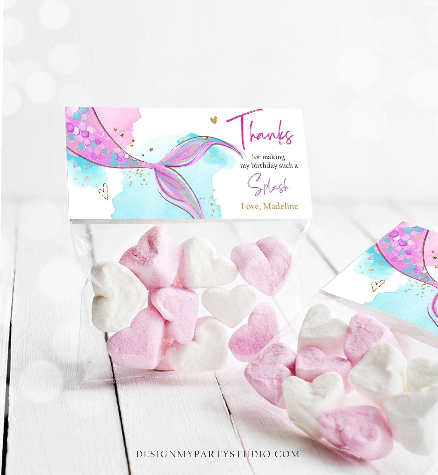 Editable Mermaid Treat Bag Toppers Mermaid Birthday Party Thank You Under The Sea Mermaid Tail Favors Pink Printable Corjl Template 0403