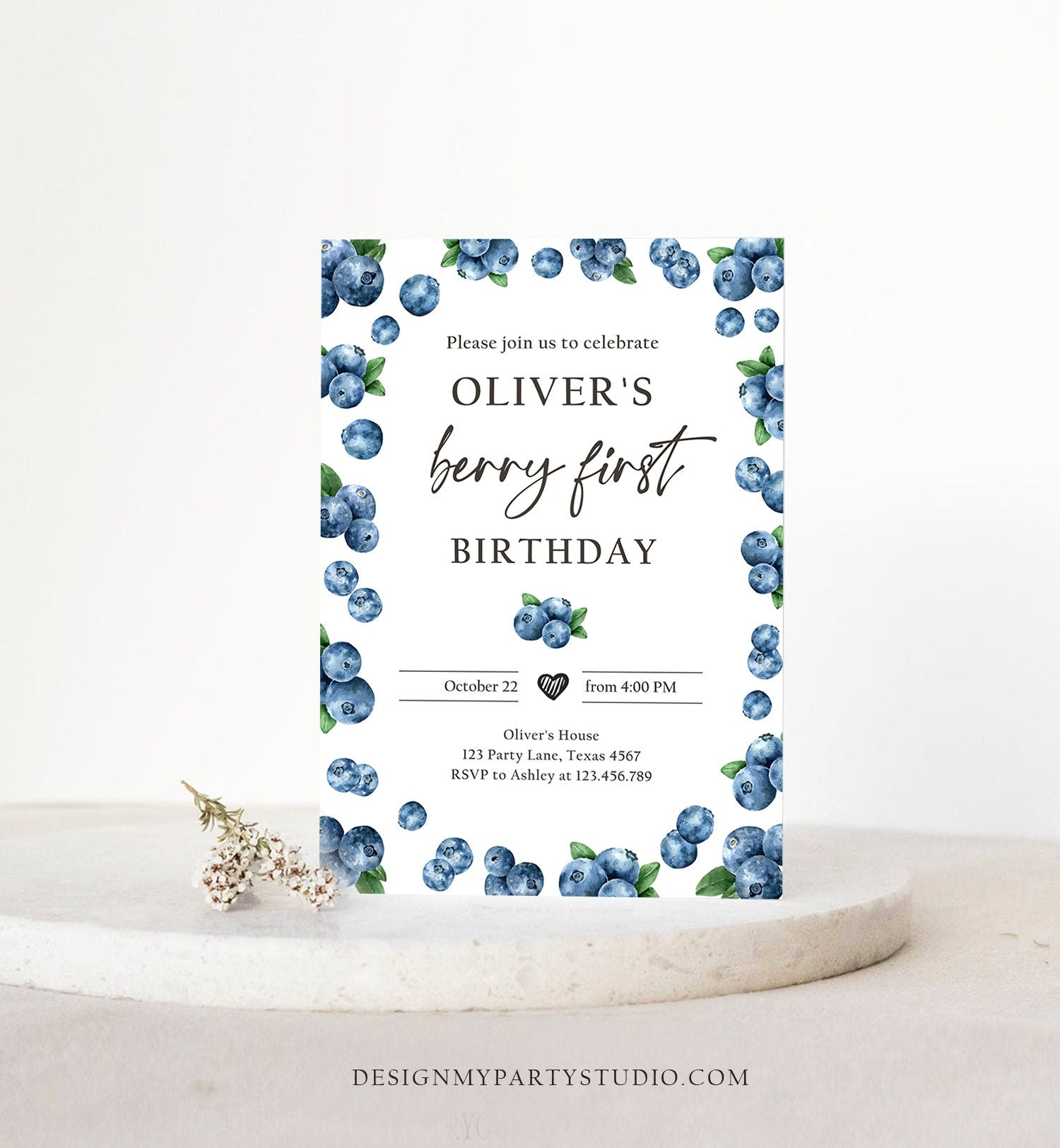 Editable Blueberry Birthday Invitation First Birthday Berry Sweet Boy Cute Blueberries 1st Download Printable Template Corjl Digital 0399