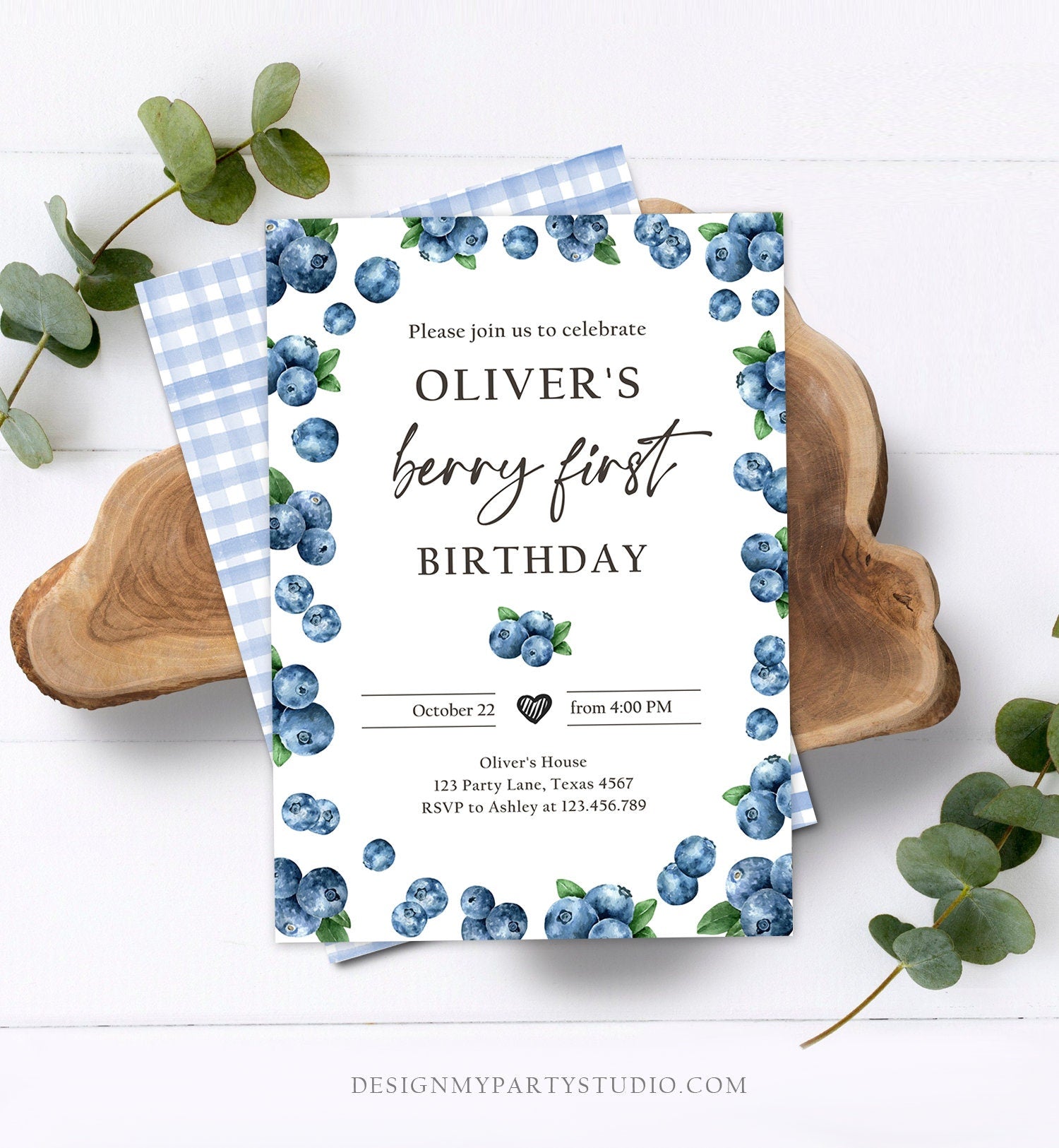 Editable Blueberry Birthday Invitation First Birthday Berry Sweet Boy Cute Blueberries 1st Download Printable Template Corjl Digital 0399