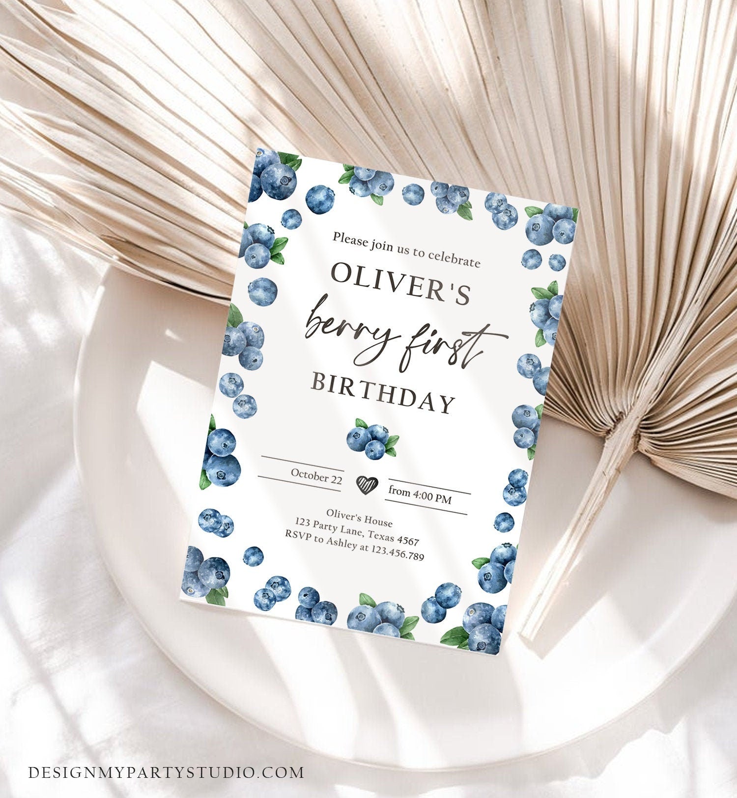 Editable Blueberry Birthday Invitation First Birthday Berry Sweet Boy Cute Blueberries 1st Download Printable Template Corjl Digital 0399